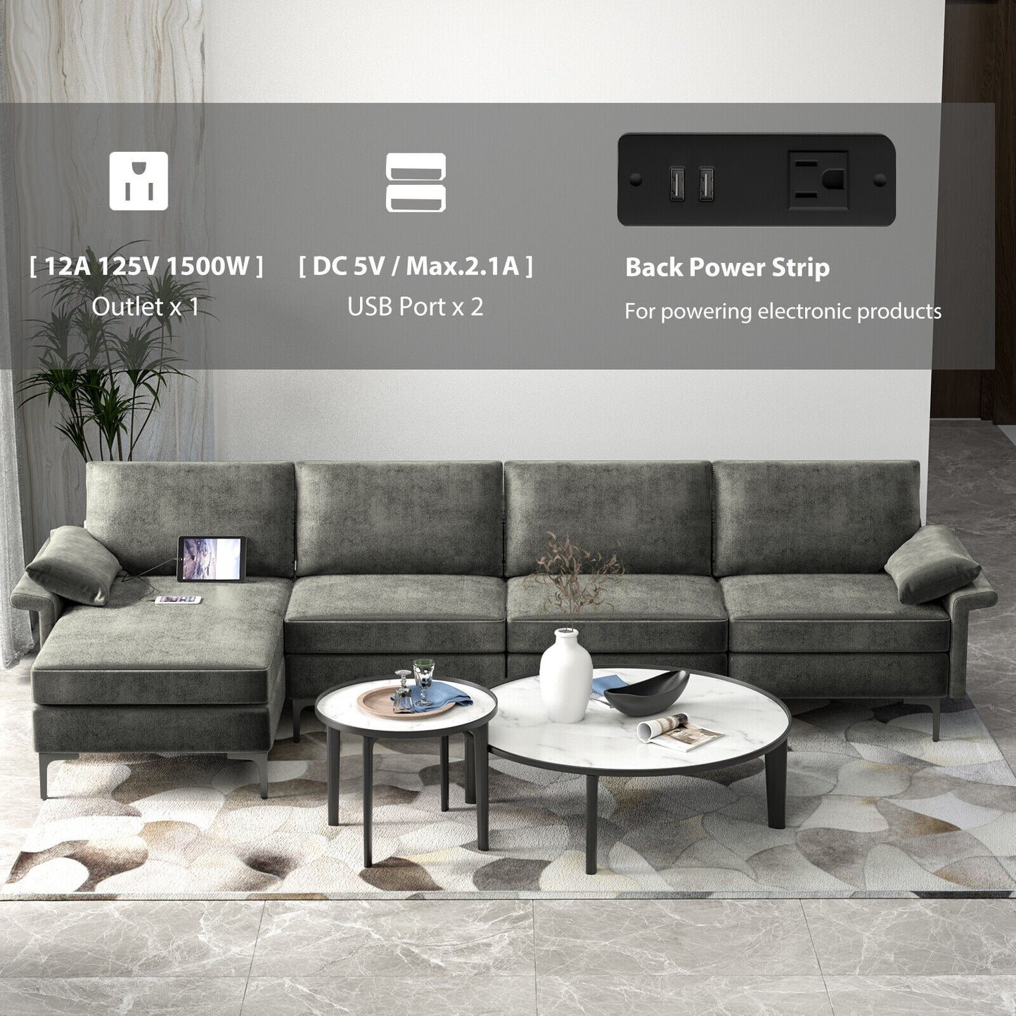 Extra Large L Shaped Sectional Sofa with Reversible Chaise and Built In USB Ports in Grey