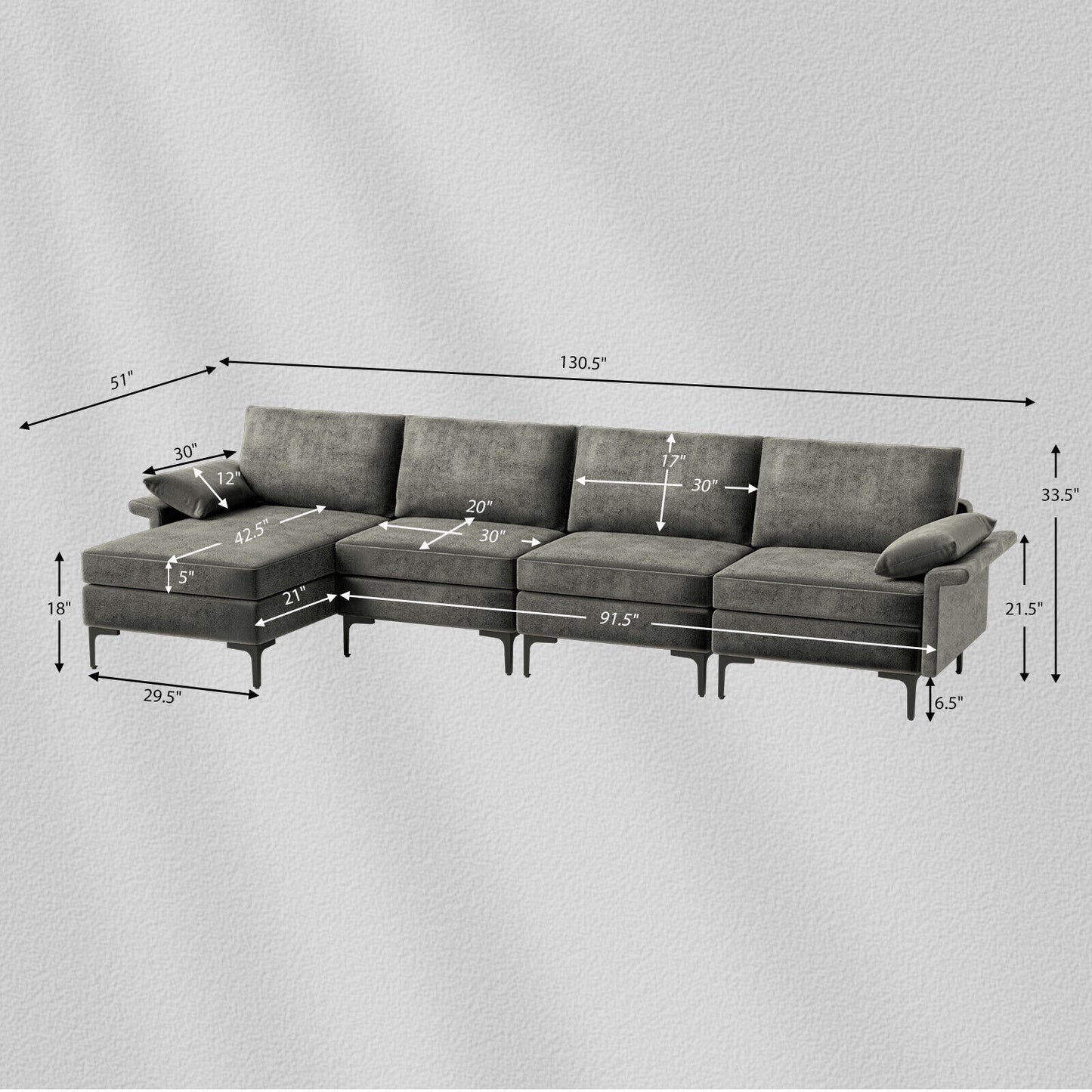Extra Large L Shaped Sectional Sofa with Reversible Chaise and Built In USB Ports in Grey