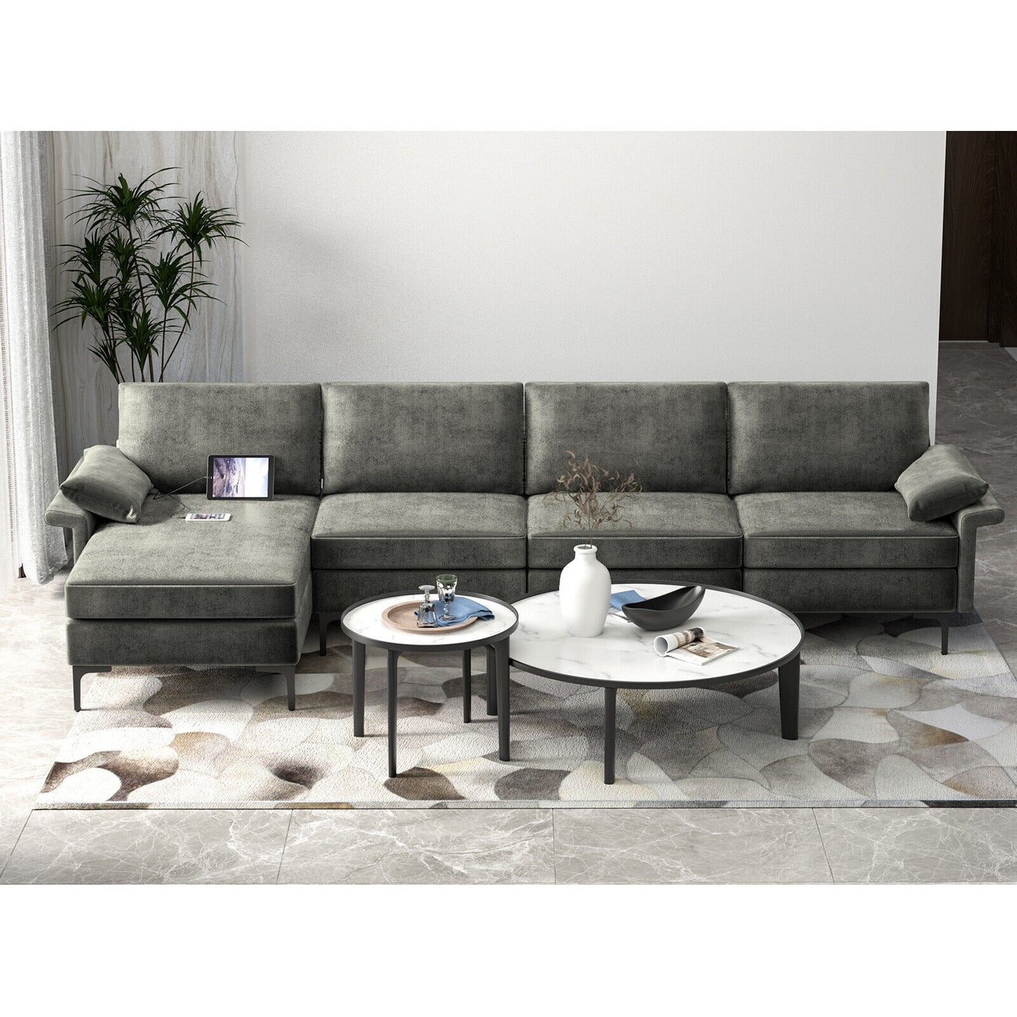 Extra Large L Shaped Sectional Sofa with Reversible Chaise and Built In USB Ports in Grey