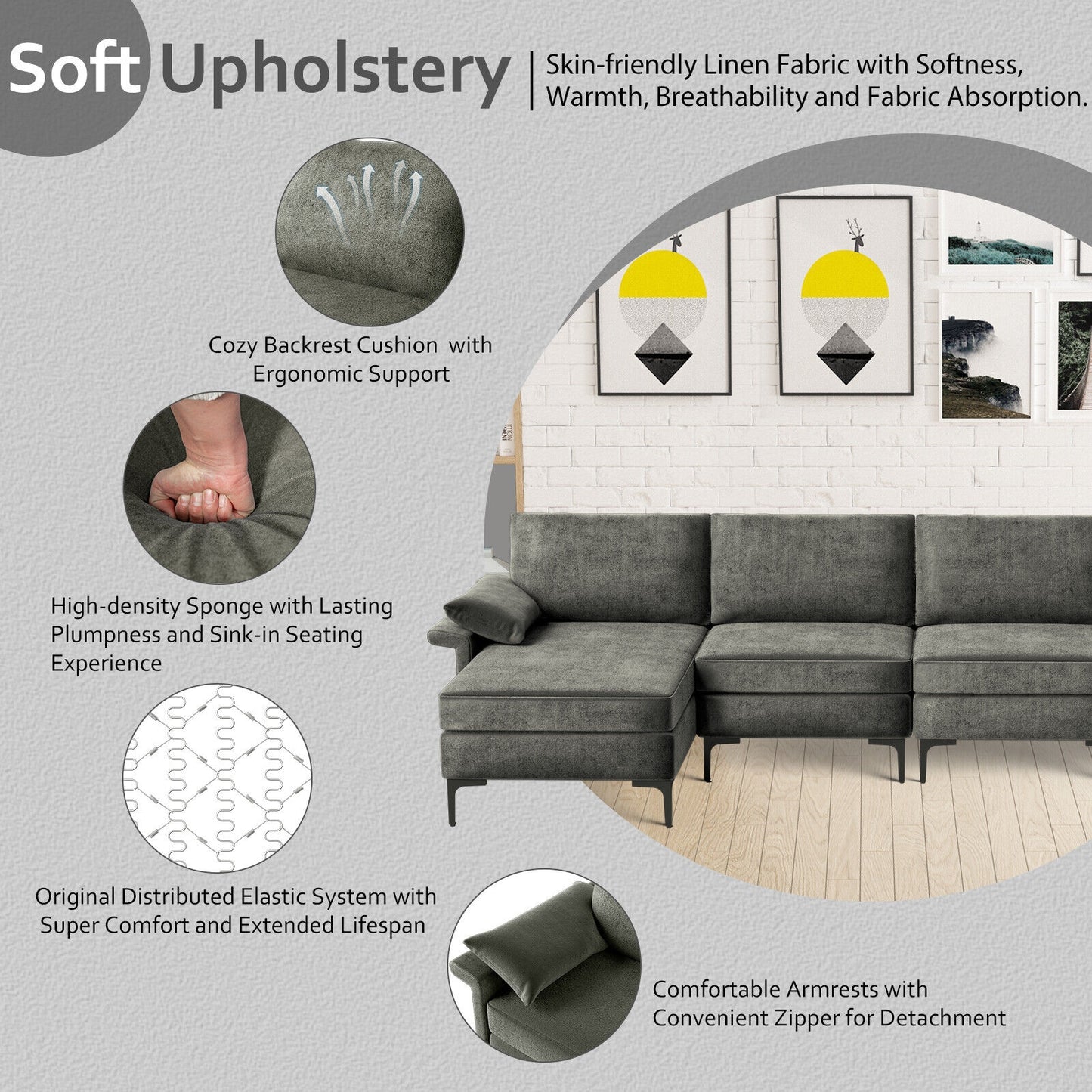 Extra Large L Shaped Sectional Sofa with Reversible Chaise and Built In USB Ports in Grey