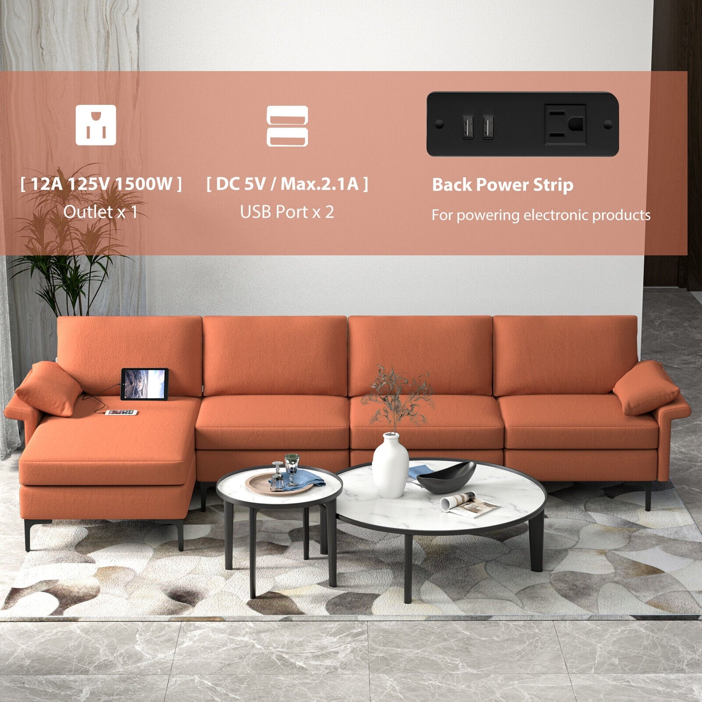 Extra Large L Shaped Sectional Sofa with Reversible Chaise and Built In USB Ports in Rust Red