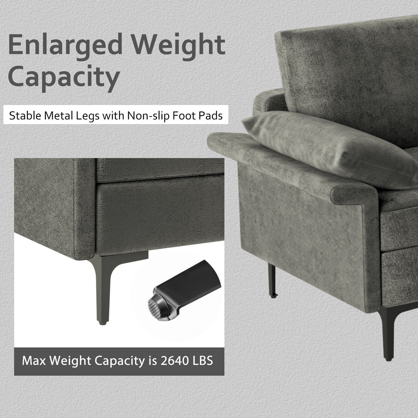 Extra Large L Shaped Sectional Sofa with Reversible Chaise and Built In USB Ports in Grey