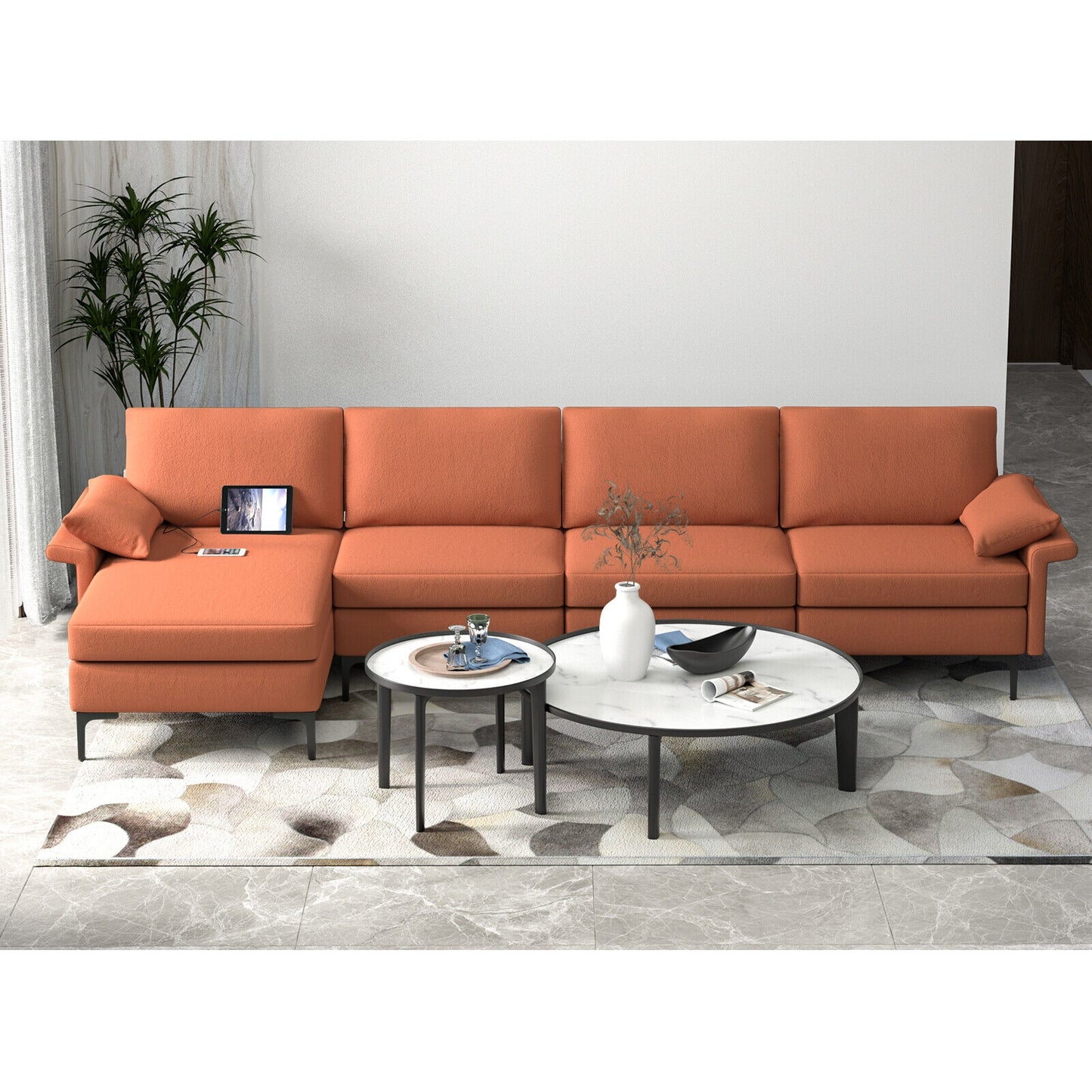 Extra Large L Shaped Sectional Sofa with Reversible Chaise and Built In USB Ports in Rust Red
