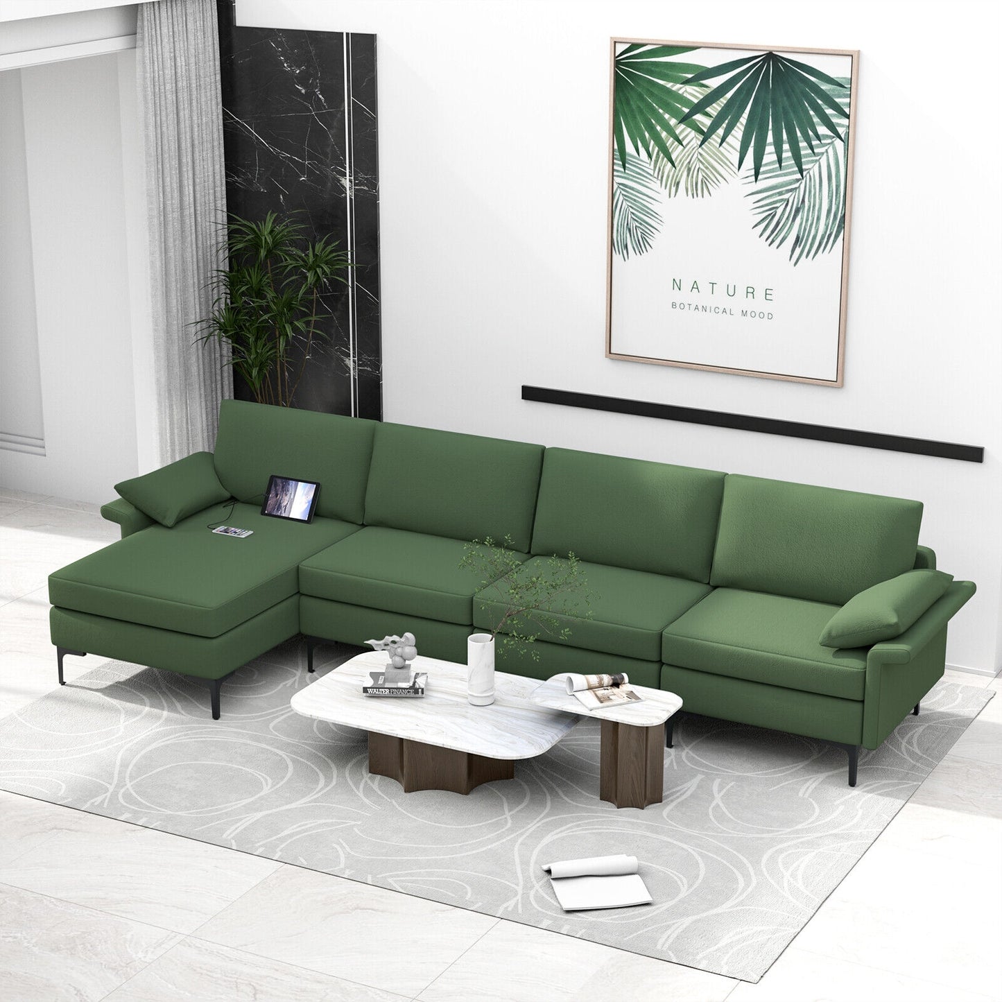 Extra Large L Shaped Sectional Sofa with Reversible Chaise and Built In USB Ports in Army Green