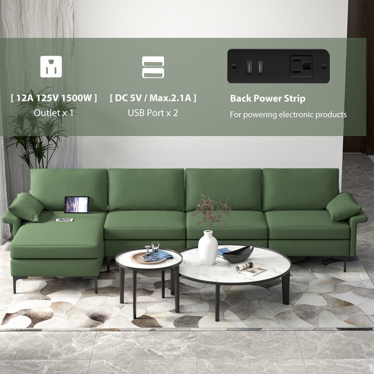 Extra Large L Shaped Sectional Sofa with Reversible Chaise and Built In USB Ports in Army Green
