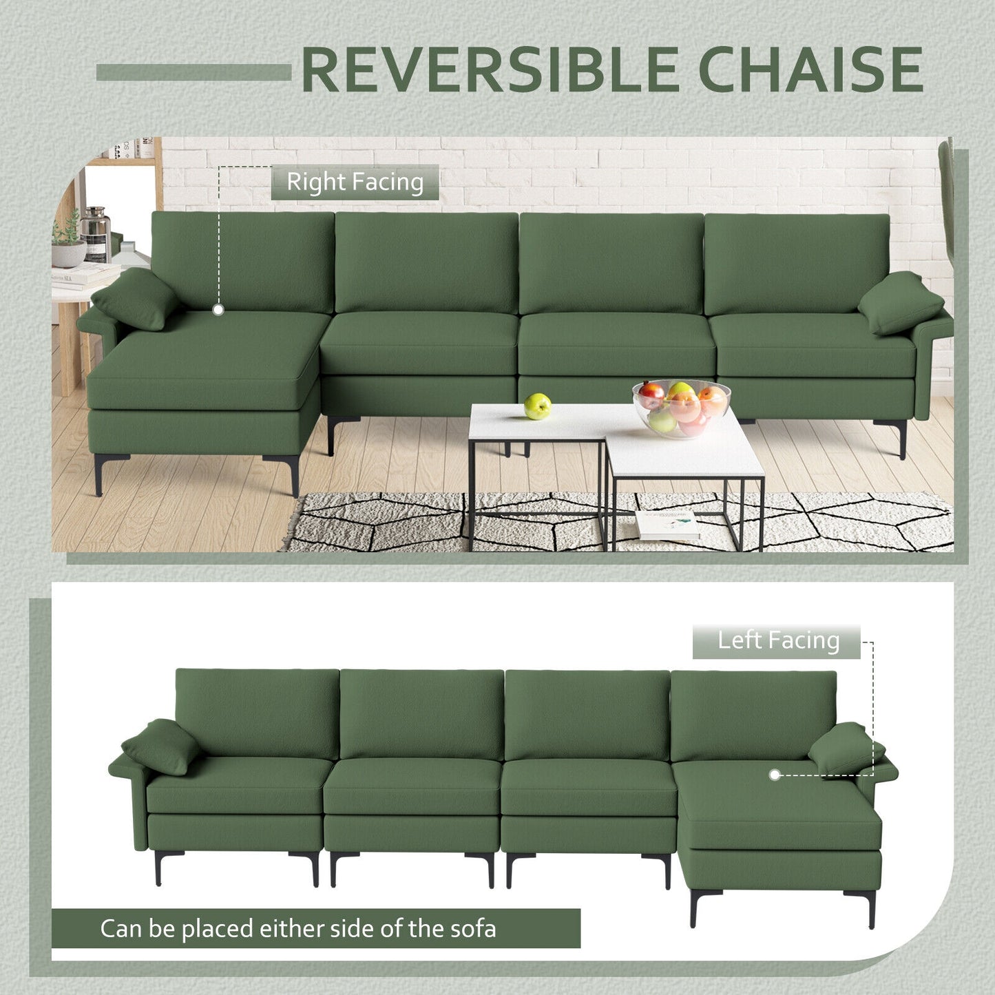 Extra Large L Shaped Sectional Sofa with Reversible Chaise and Built In USB Ports in Army Green