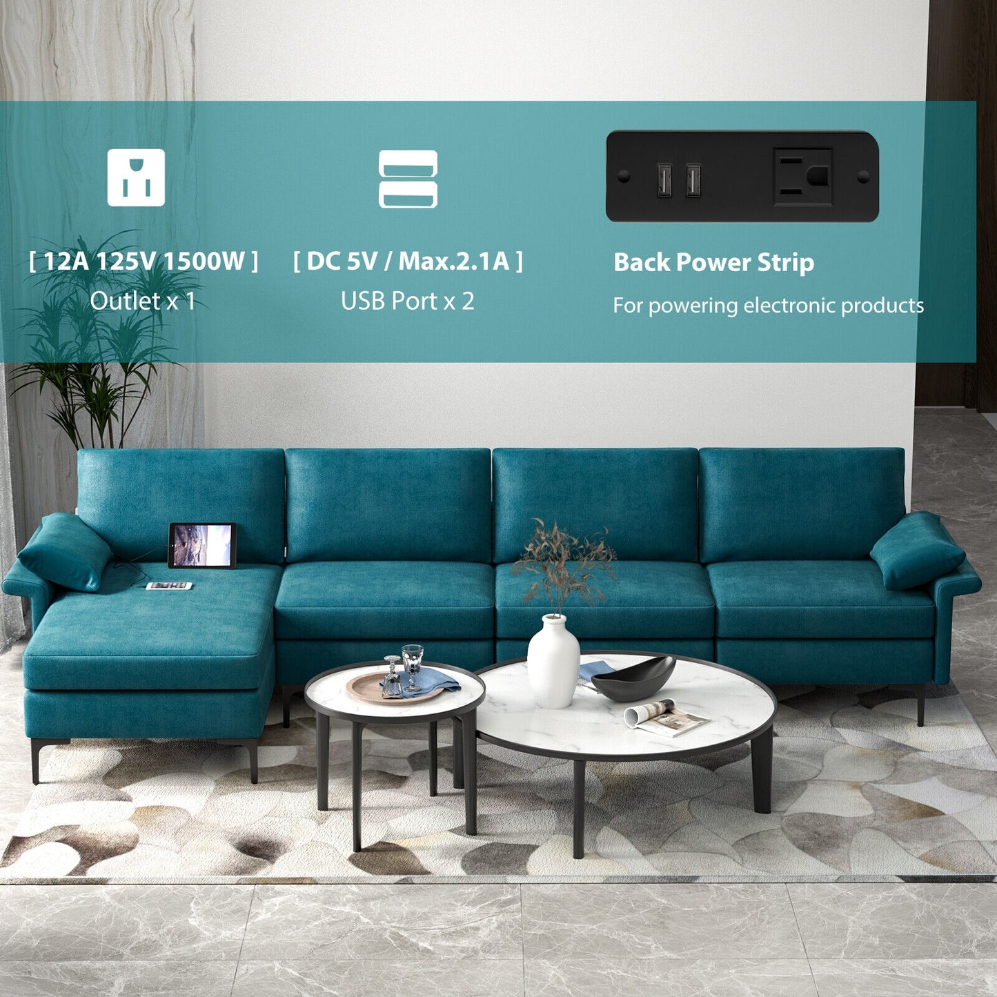 Extra Large L Shaped Sectional Sofa with Reversible Chaise and Built In USB Ports in Peacock Blue