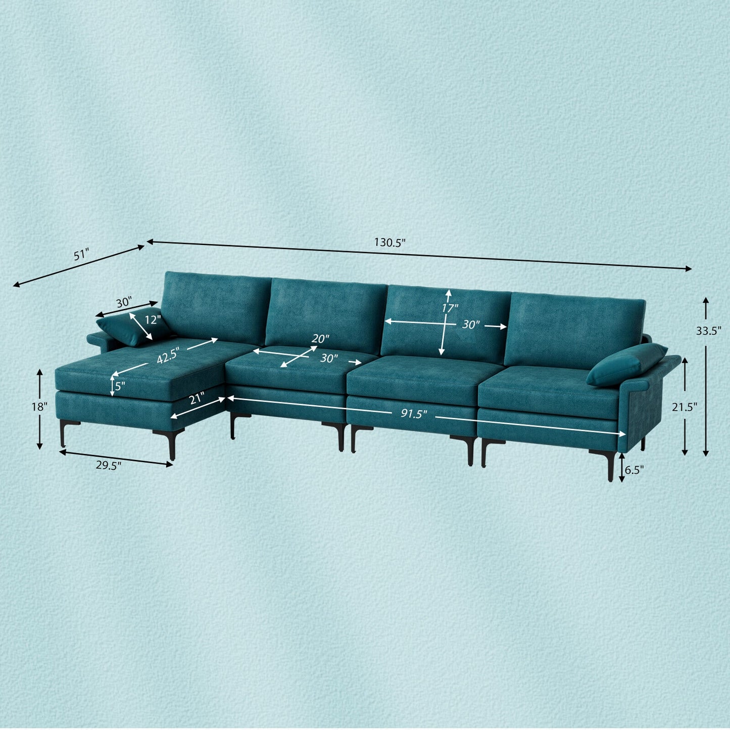 Extra Large L Shaped Sectional Sofa with Reversible Chaise and Built In USB Ports in Peacock Blue