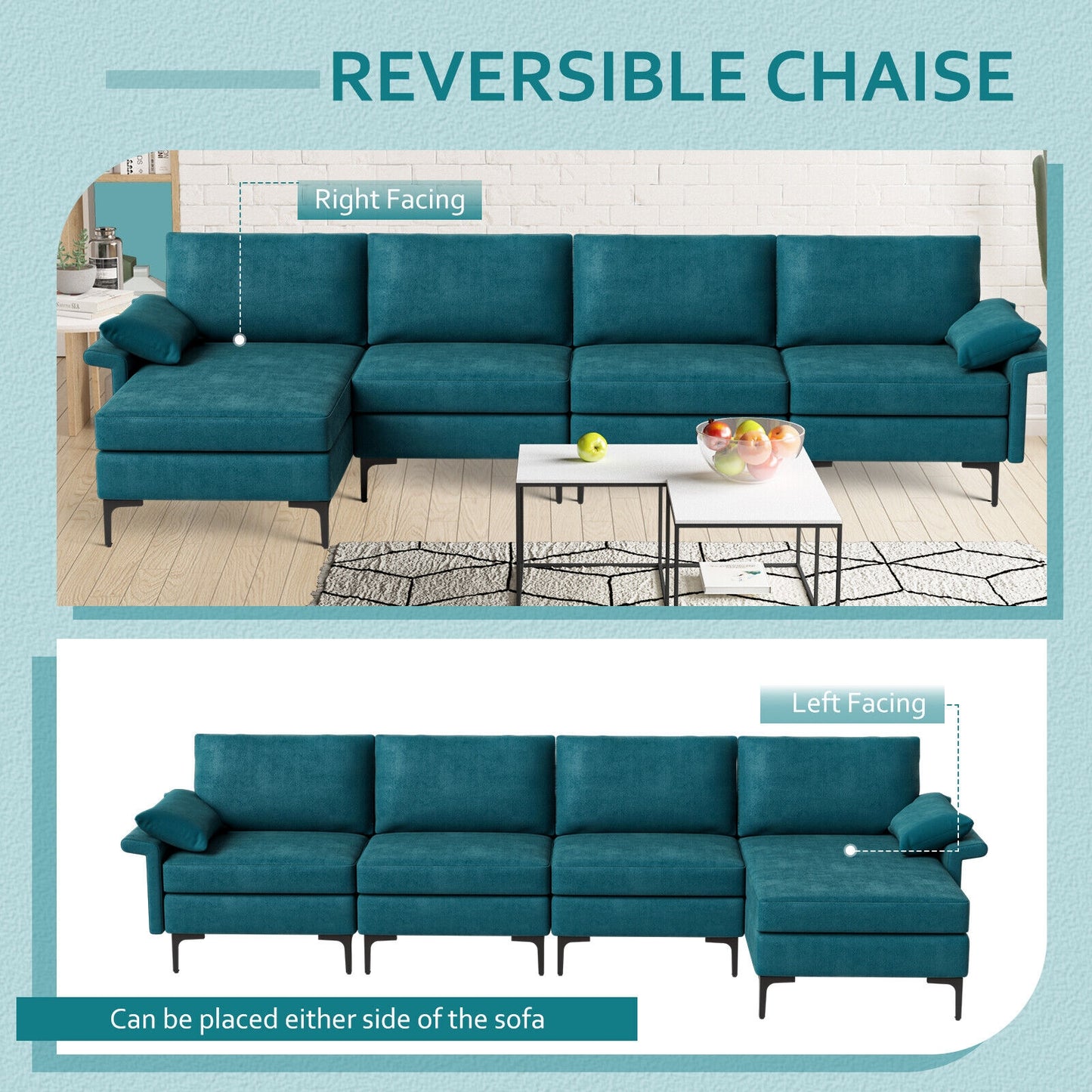 Extra Large L Shaped Sectional Sofa with Reversible Chaise and Built In USB Ports in Peacock Blue