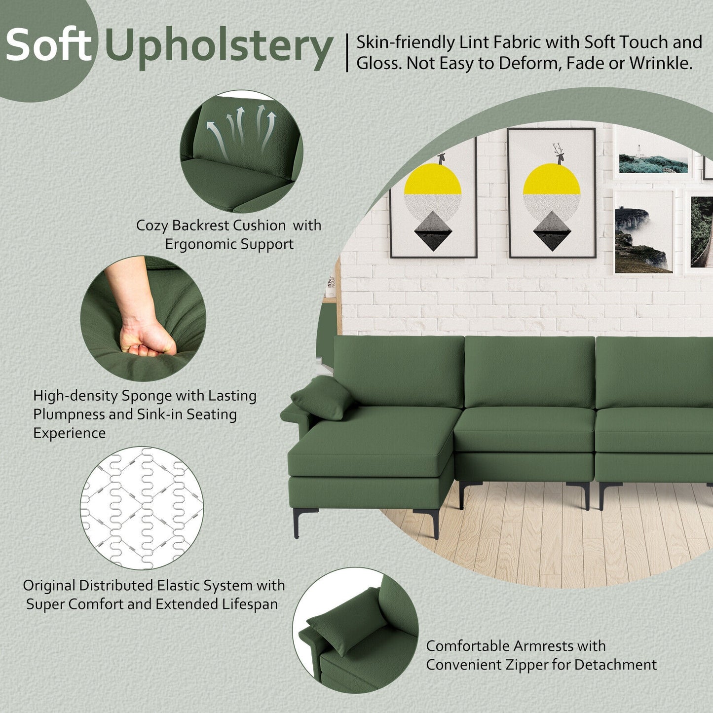 Extra Large L Shaped Sectional Sofa with Reversible Chaise and Built In USB Ports in Army Green
