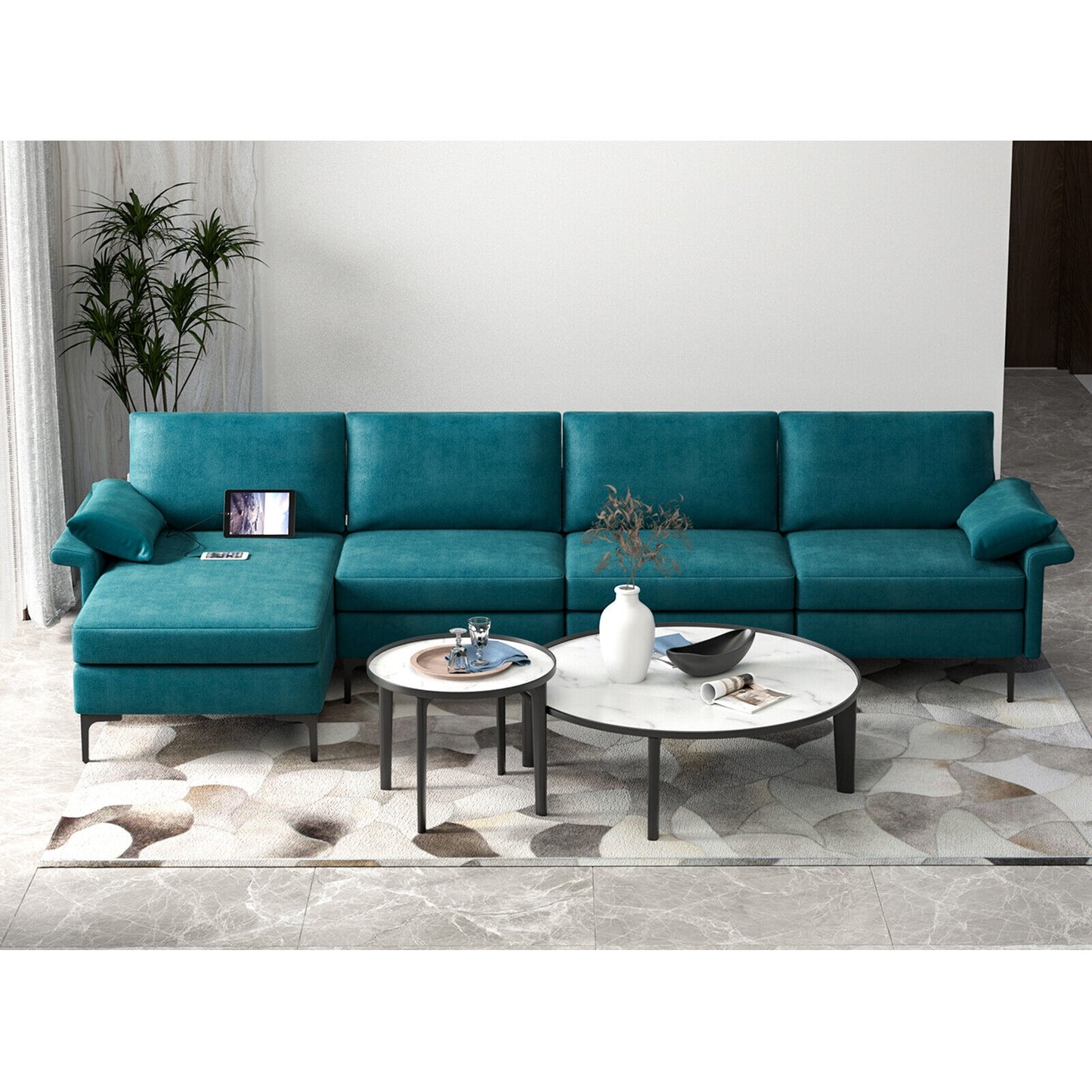 Extra Large L Shaped Sectional Sofa with Reversible Chaise and Built In USB Ports in Peacock Blue