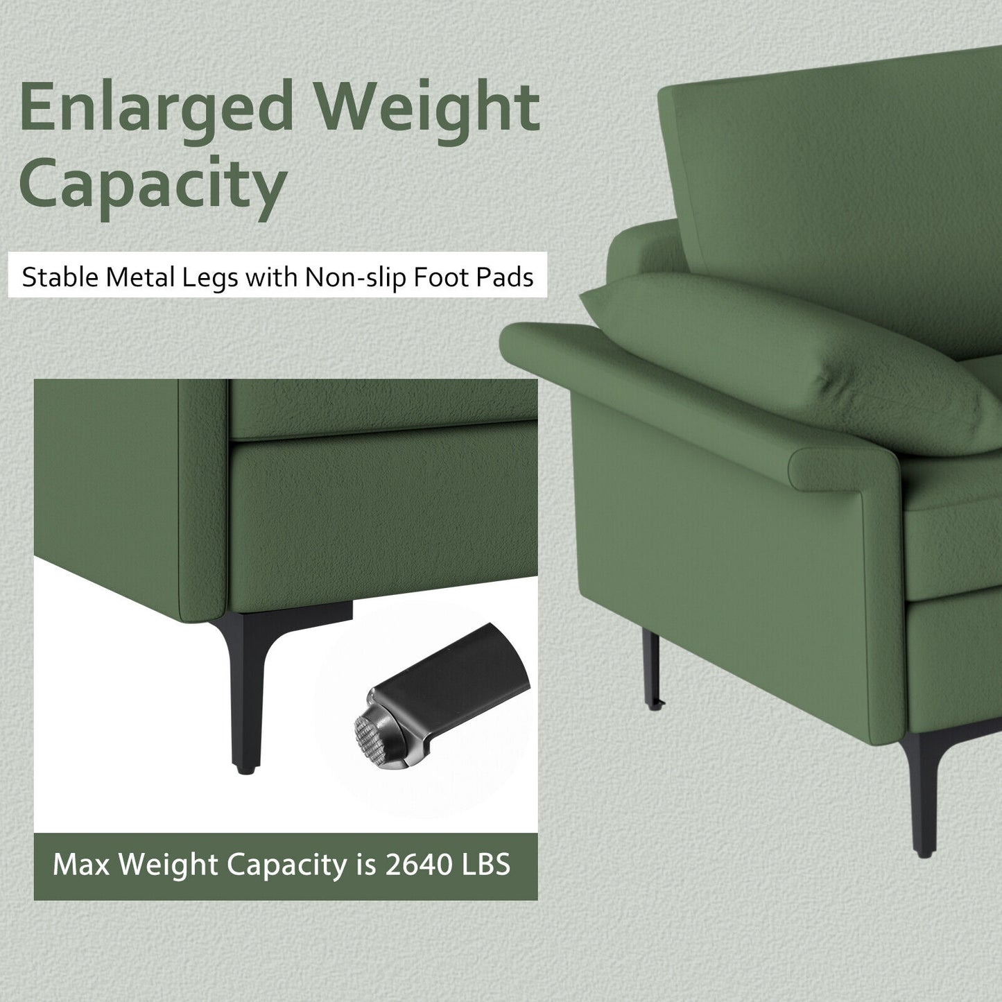 Extra Large L Shaped Sectional Sofa with Reversible Chaise and Built In USB Ports in Army Green