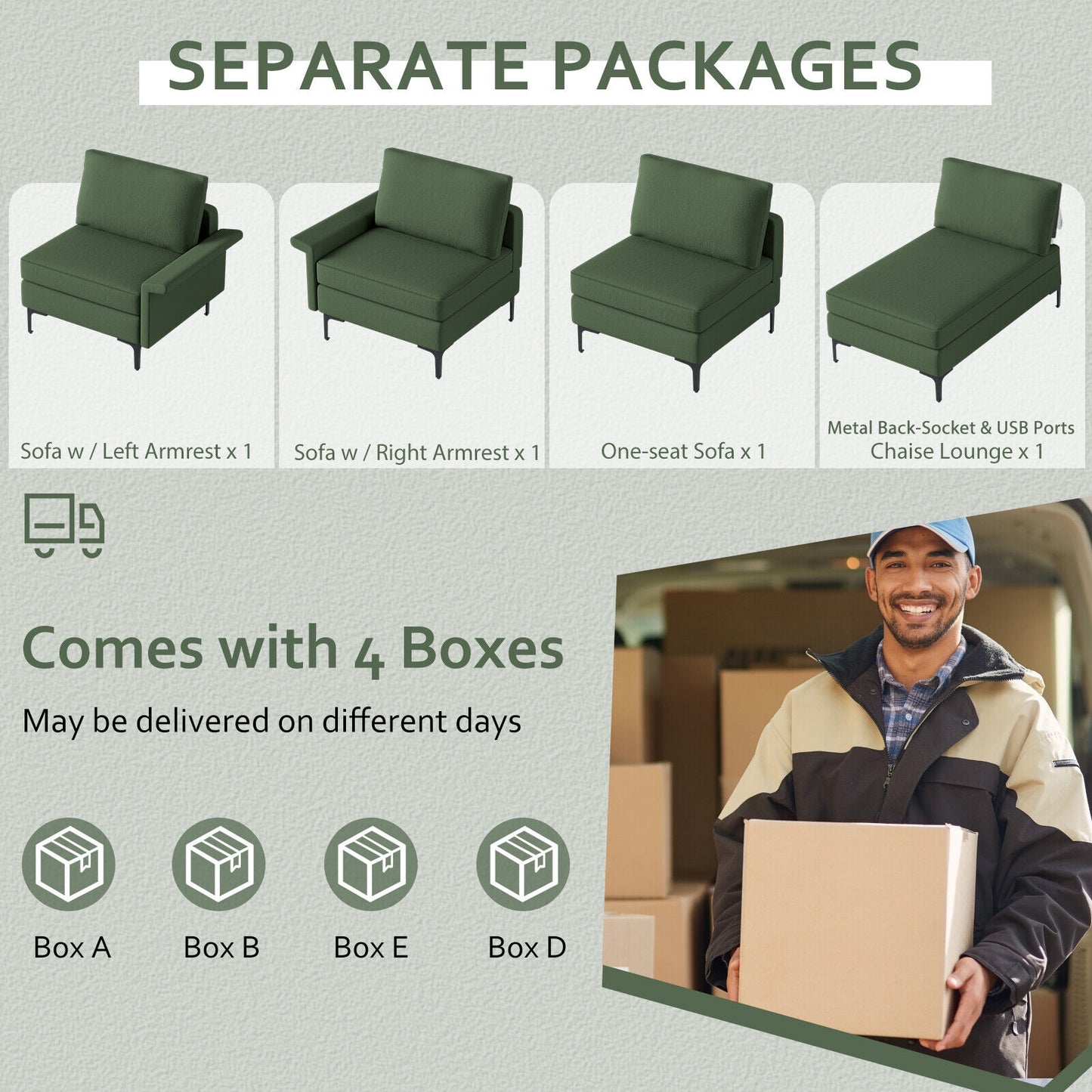 Extra Large L Shaped Sectional Sofa with Reversible Chaise and Built In USB Ports in Army Green