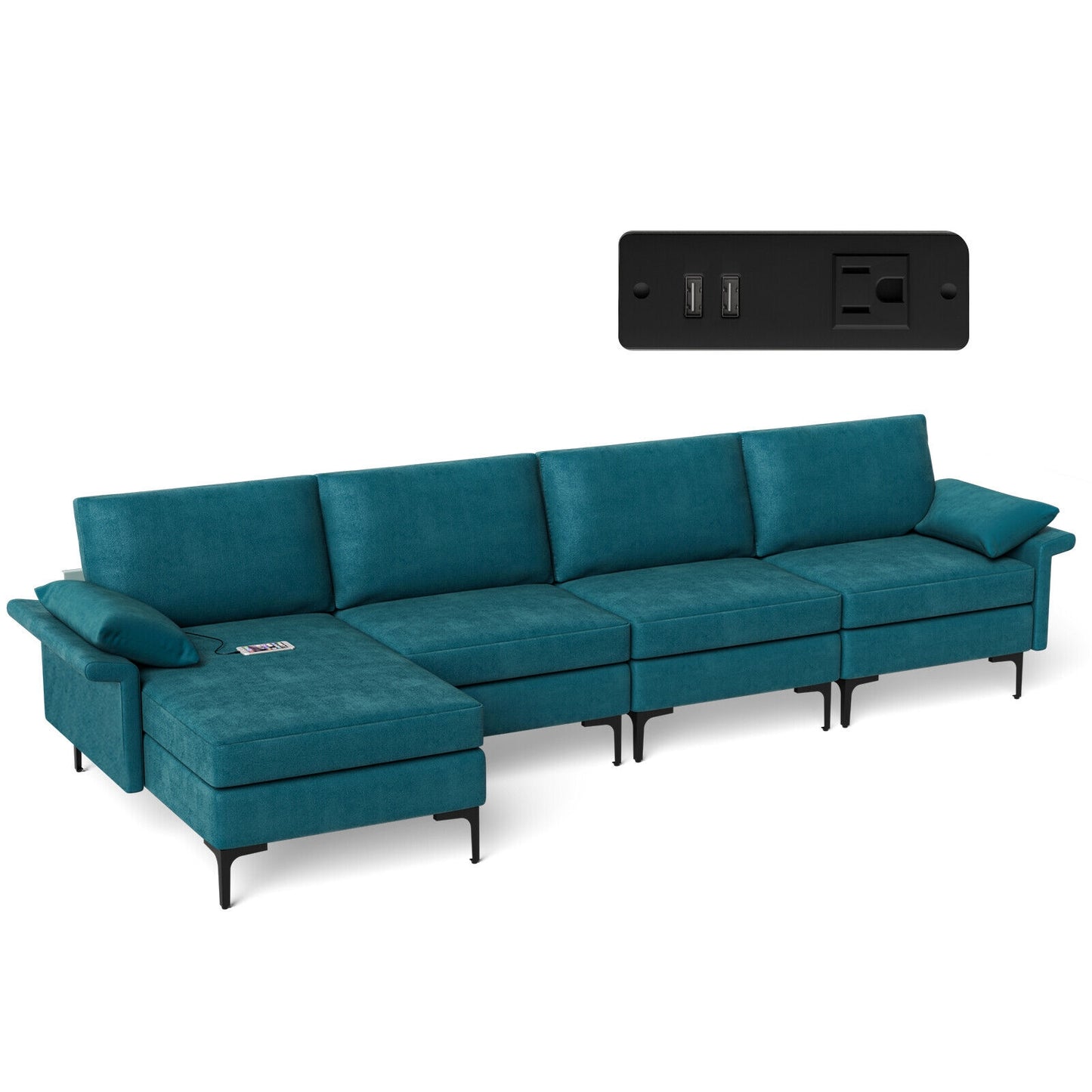 Extra Large L Shaped Sectional Sofa with Reversible Chaise and Built In USB Ports in Peacock Blue