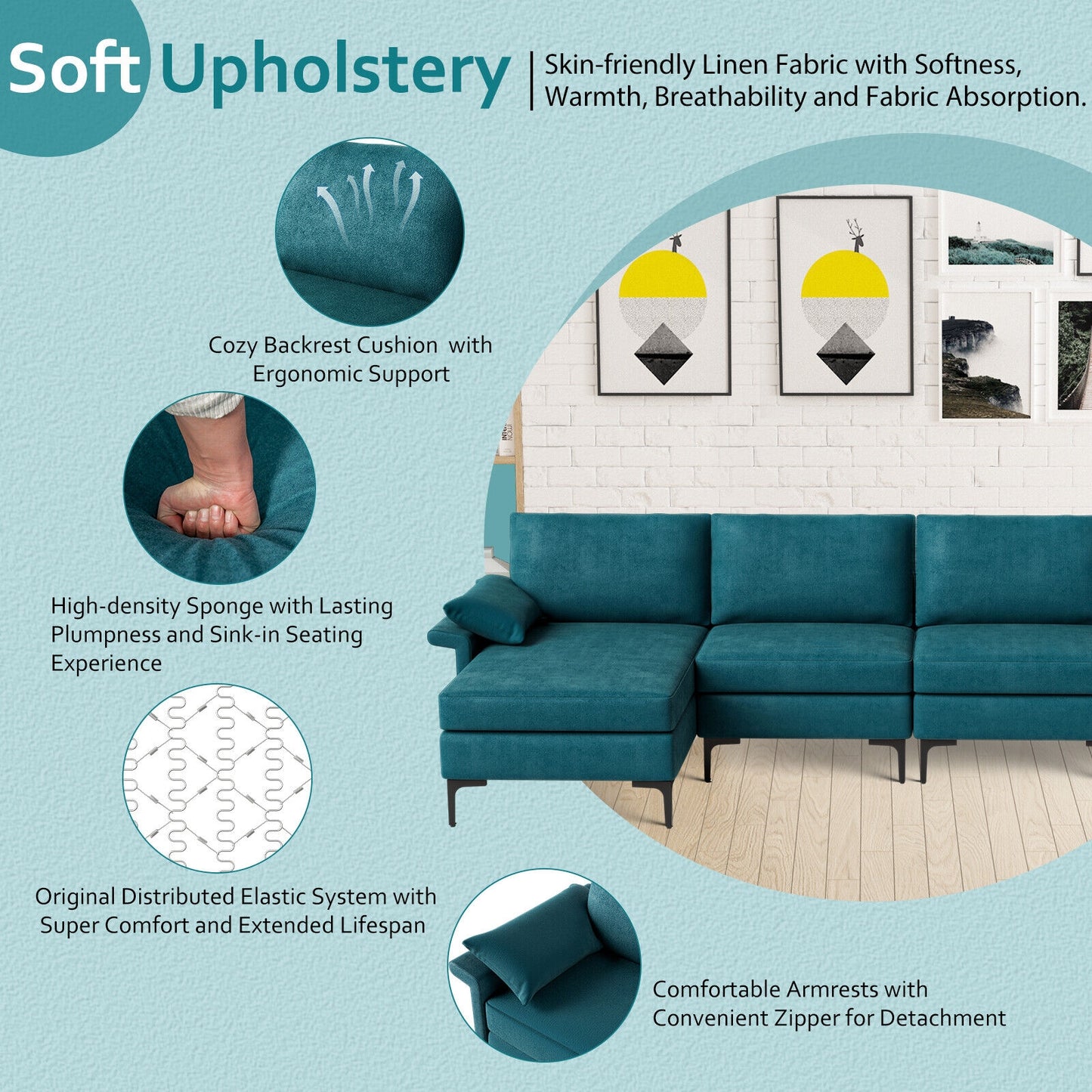 Extra Large L Shaped Sectional Sofa with Reversible Chaise and Built In USB Ports in Peacock Blue