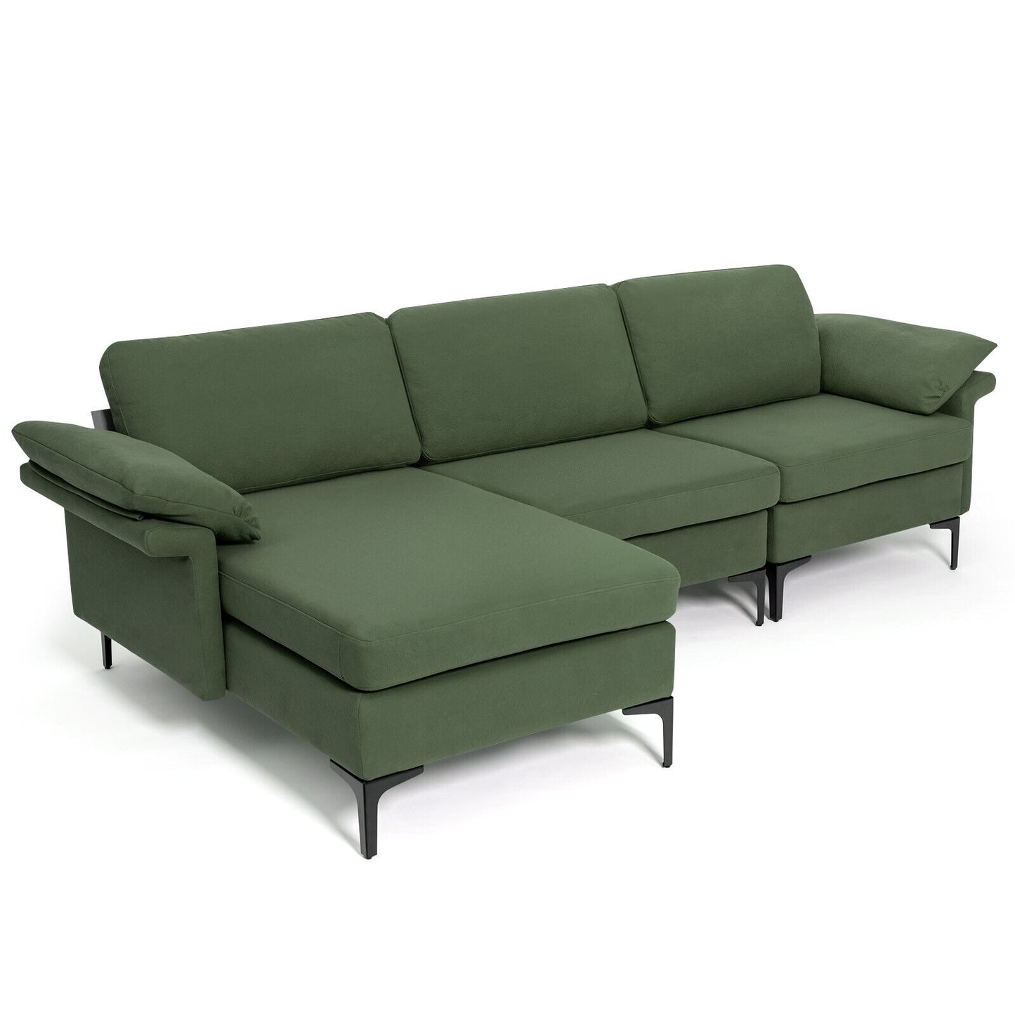 Modular L-Shaped Sectional Sofa with Reversible Chaise and Built-in Charging Port – Army Green