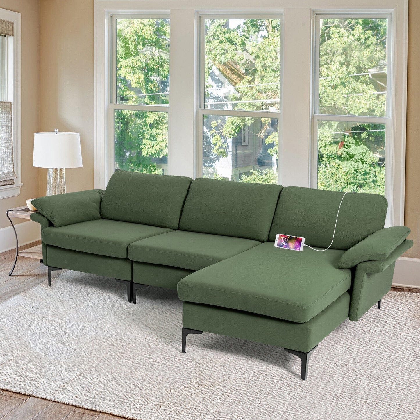 Modular L-Shaped Sectional Sofa with Reversible Chaise and Built-in Charging Port – Army Green