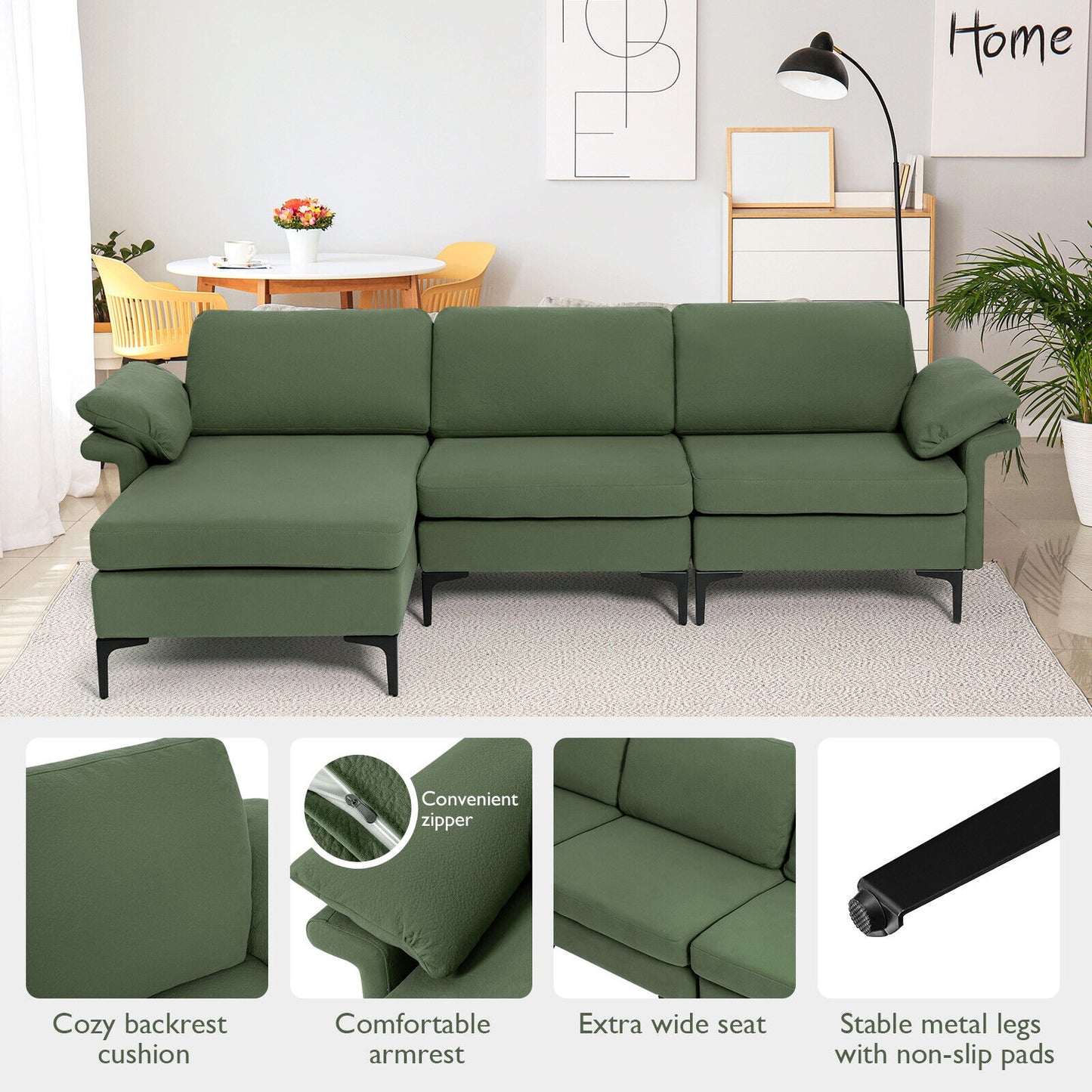Modular L-Shaped Sectional Sofa with Reversible Chaise and Built-in Charging Port – Army Green