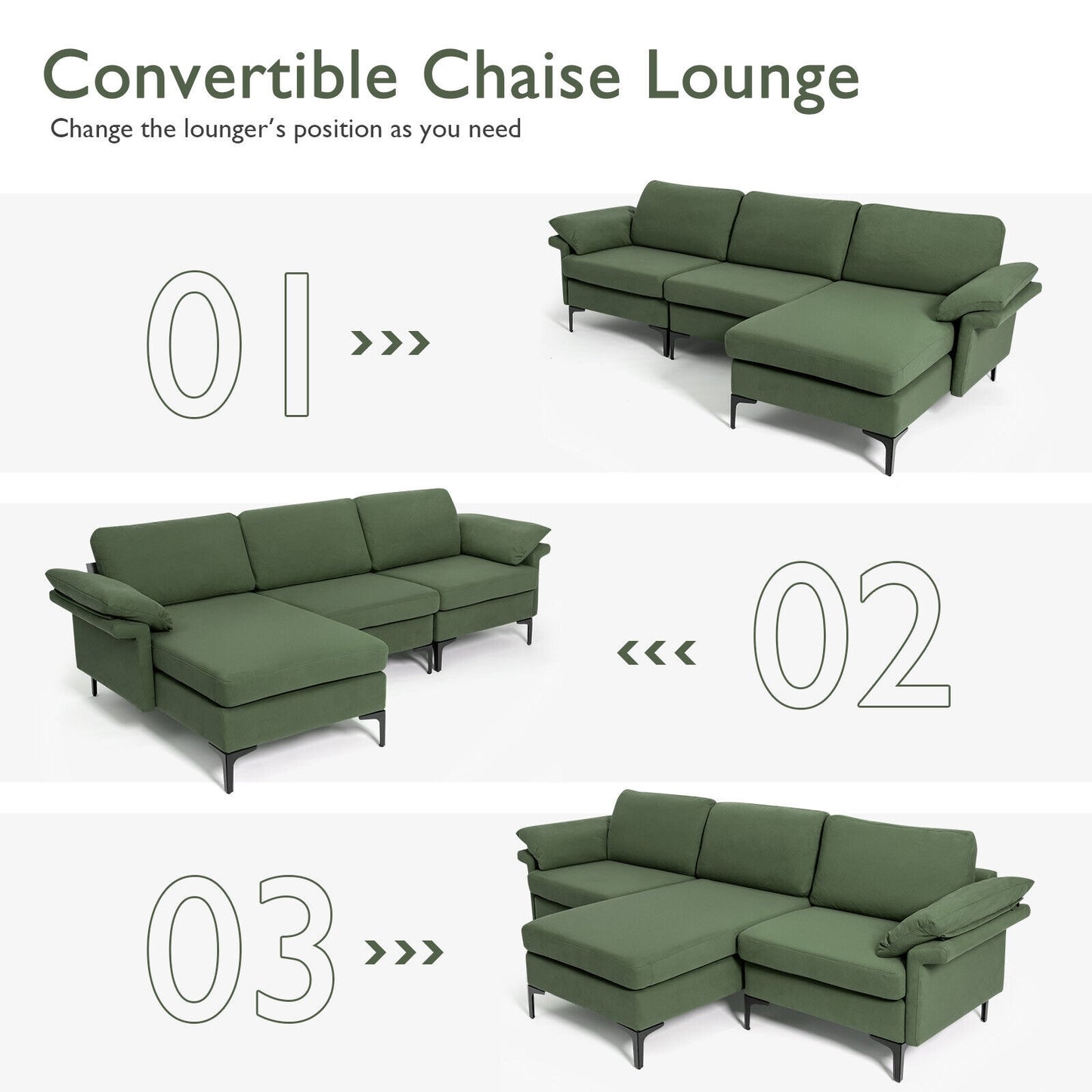 Modular L-Shaped Sectional Sofa with Reversible Chaise and Built-in Charging Port – Army Green