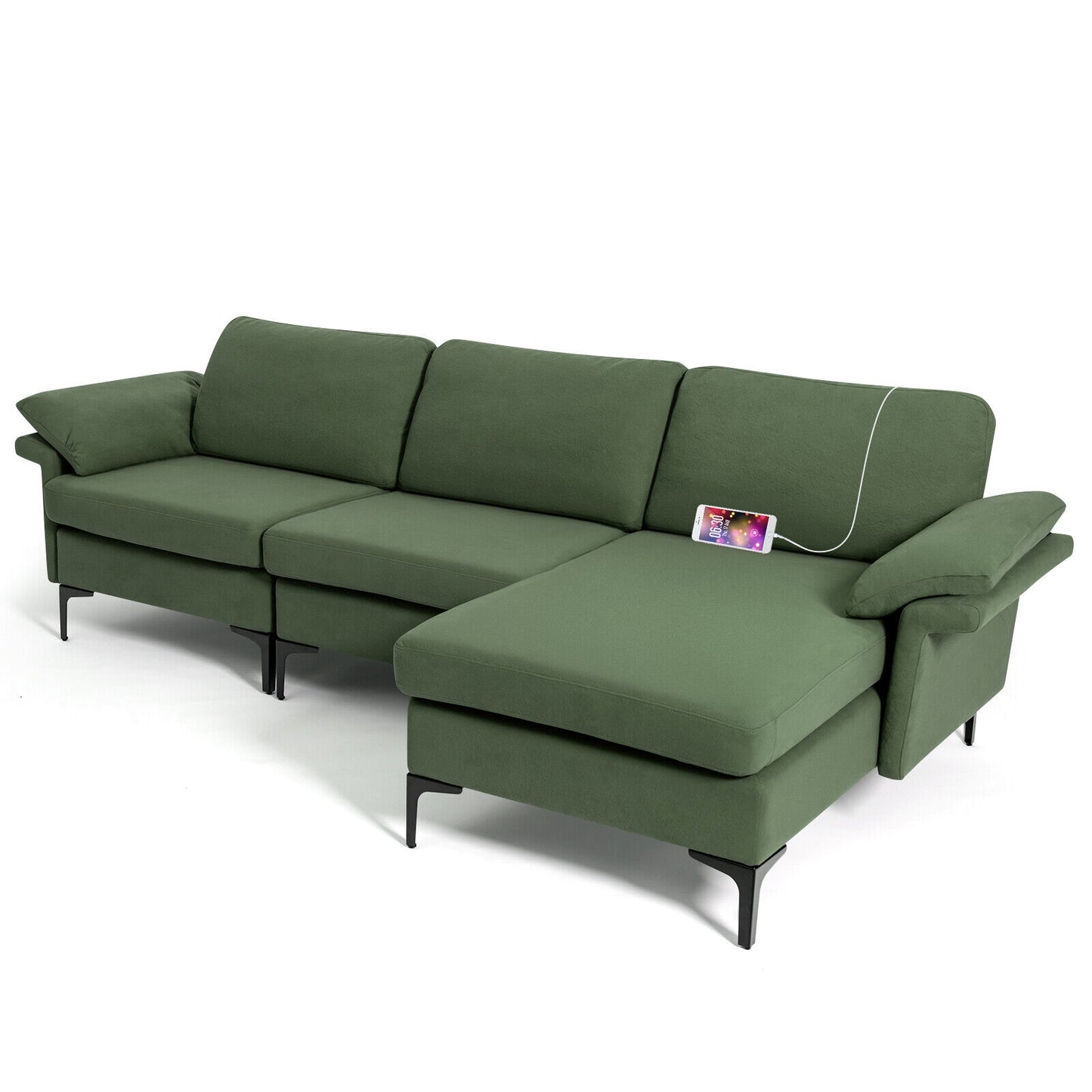 Modular L-Shaped Sectional Sofa with Reversible Chaise and Built-in Charging Port – Army Green