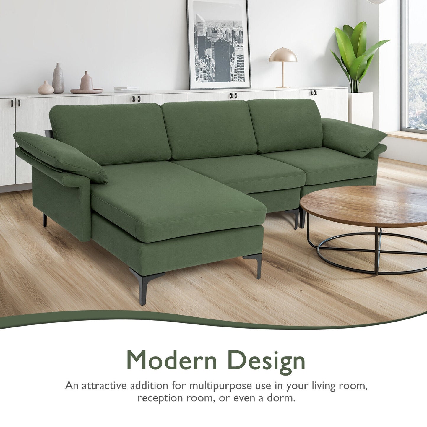 Modular L-Shaped Sectional Sofa with Reversible Chaise and Built-in Charging Port – Army Green