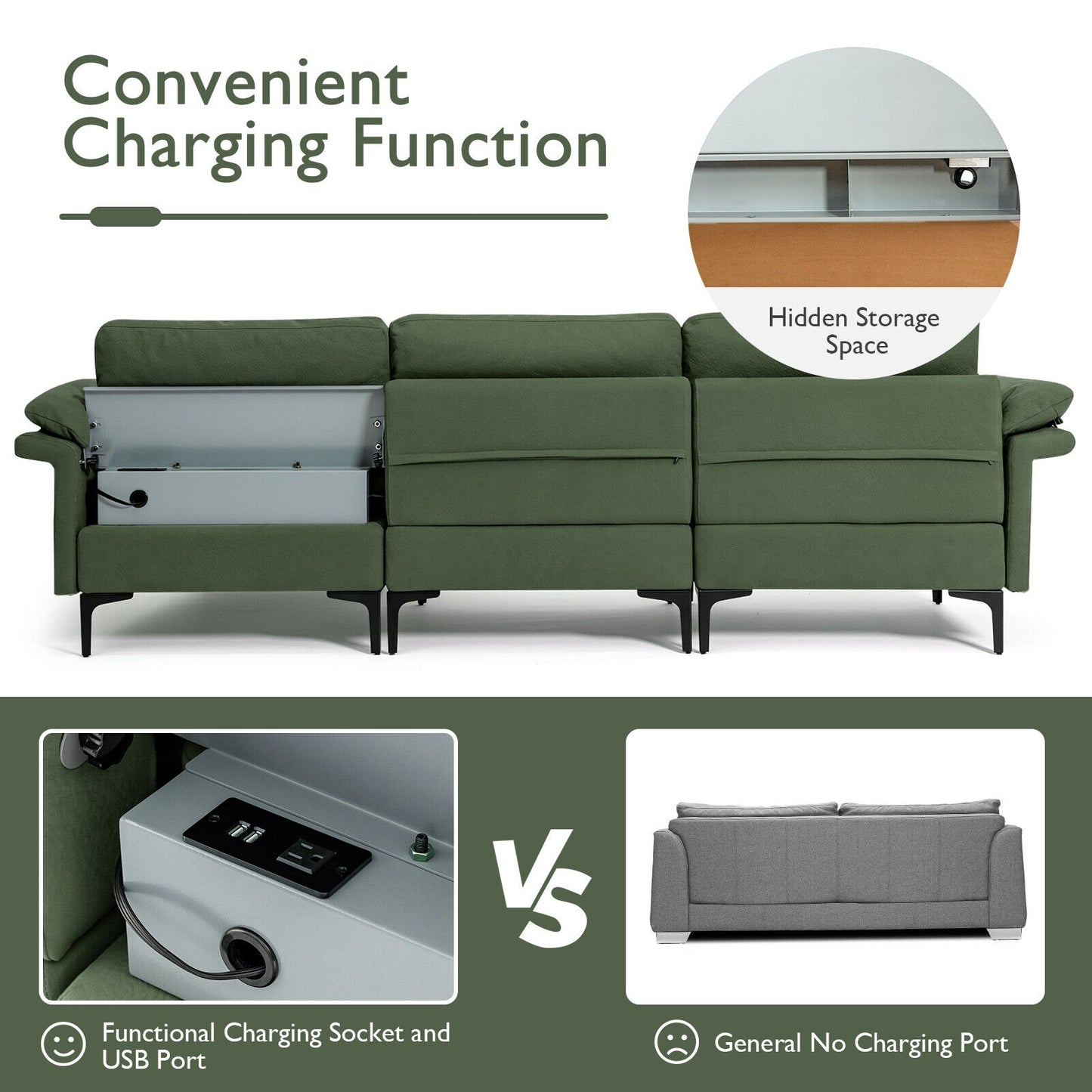 Modular L-Shaped Sectional Sofa with Reversible Chaise and Built-in Charging Port – Army Green