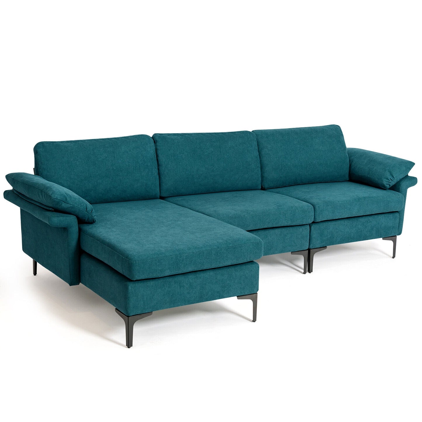 Modular L-Shaped Sectional Sofa with Reversible Chaise and Built-in Charging Port – Peacock Blue