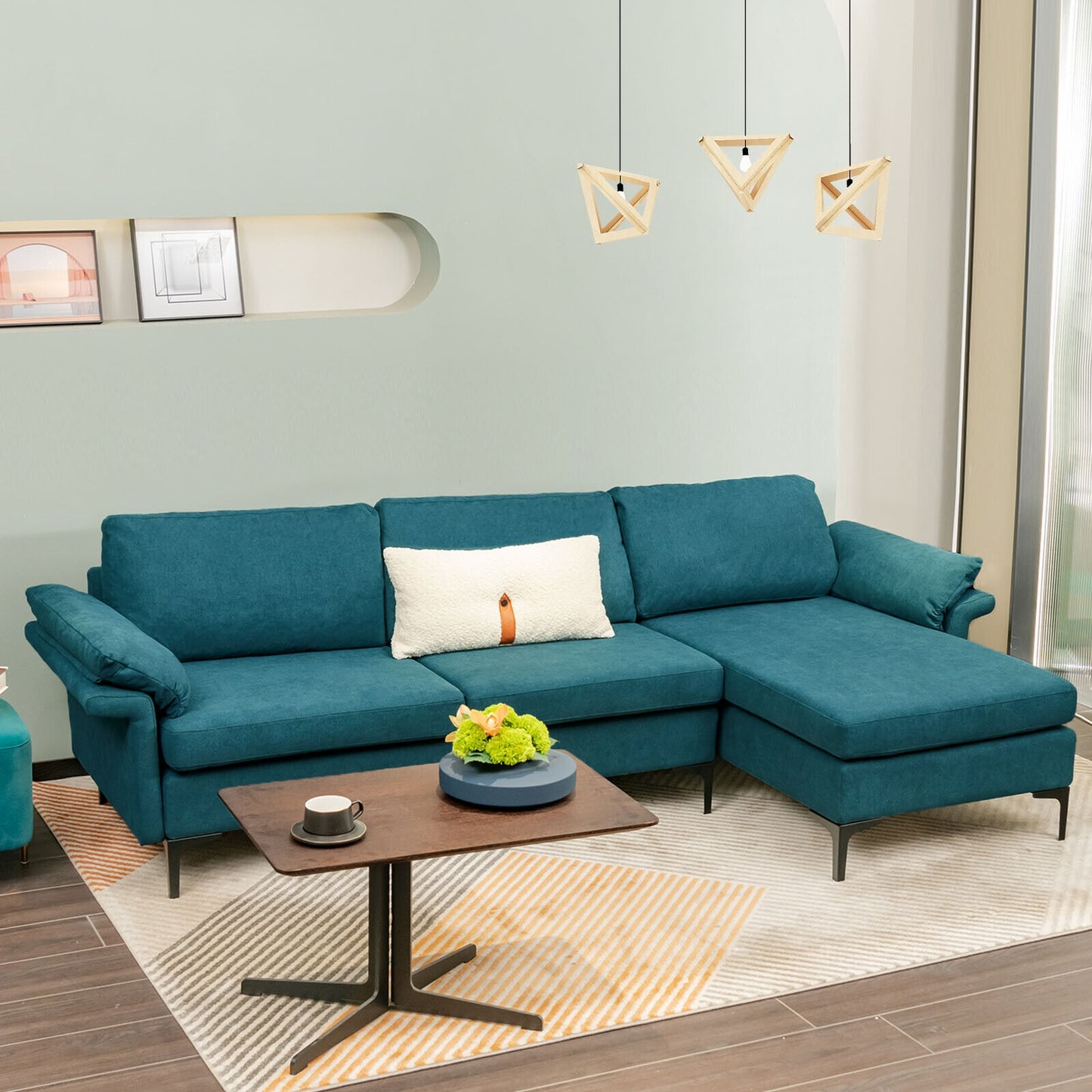 Modular L-Shaped Sectional Sofa with Reversible Chaise and Built-in Charging Port – Peacock Blue