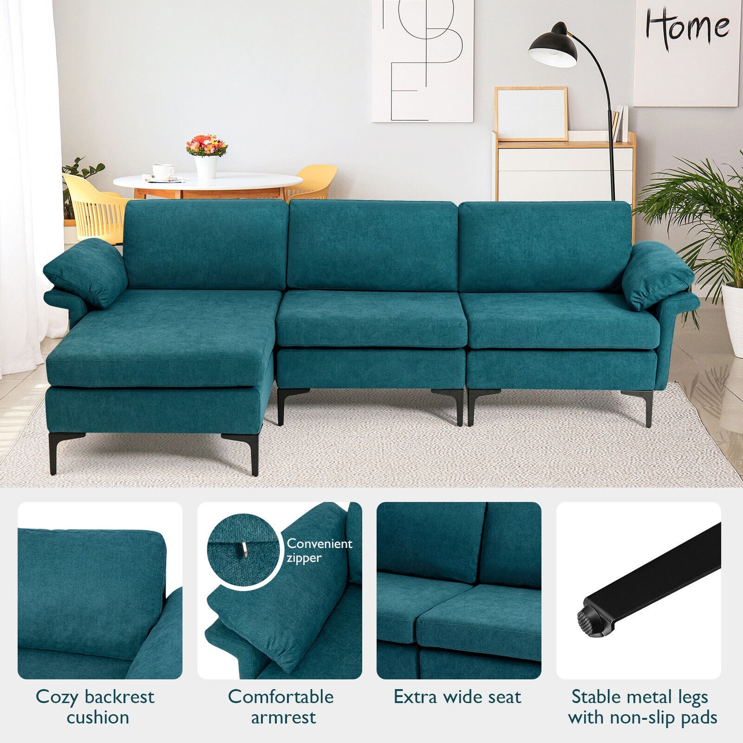 Modular L-Shaped Sectional Sofa with Reversible Chaise and Built-in Charging Port – Peacock Blue