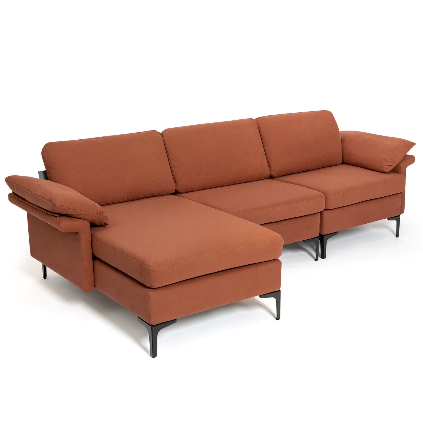 Modular L-Shaped Sectional Sofa with Reversible Chaise and Built-in Charging Port – Rust Red