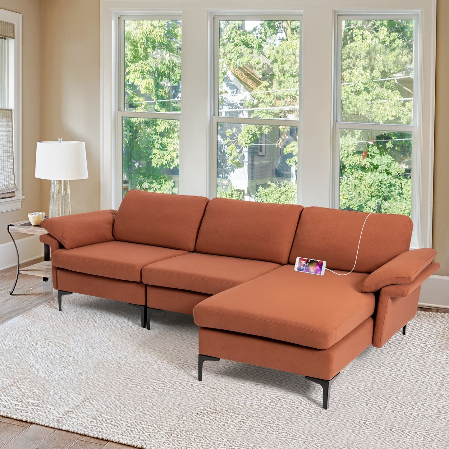 Modular L-Shaped Sectional Sofa with Reversible Chaise and Built-in Charging Port – Rust Red