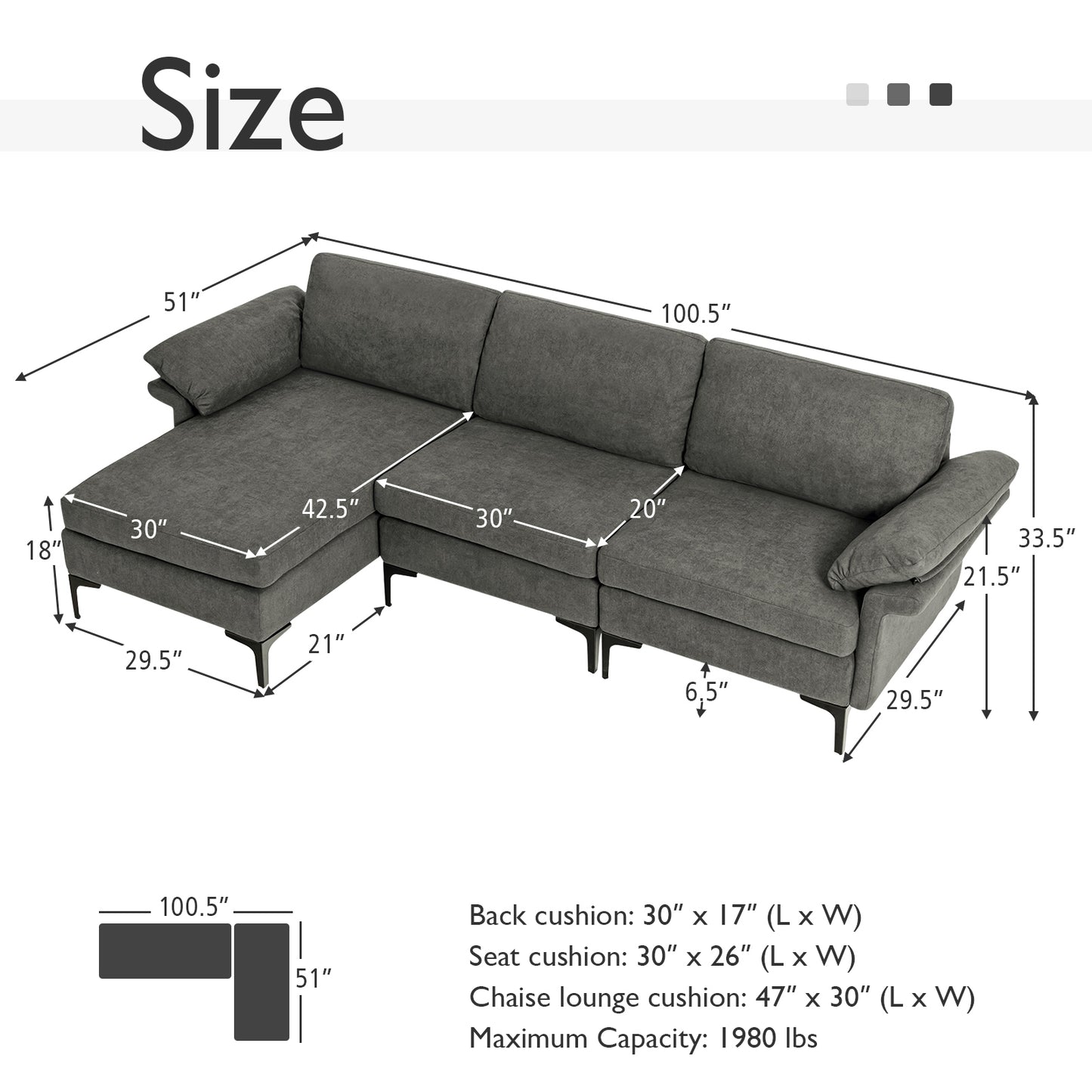 Modular L-Shaped Sectional Sofa with Reversible Chaise and Built-in Charging Port – Grey