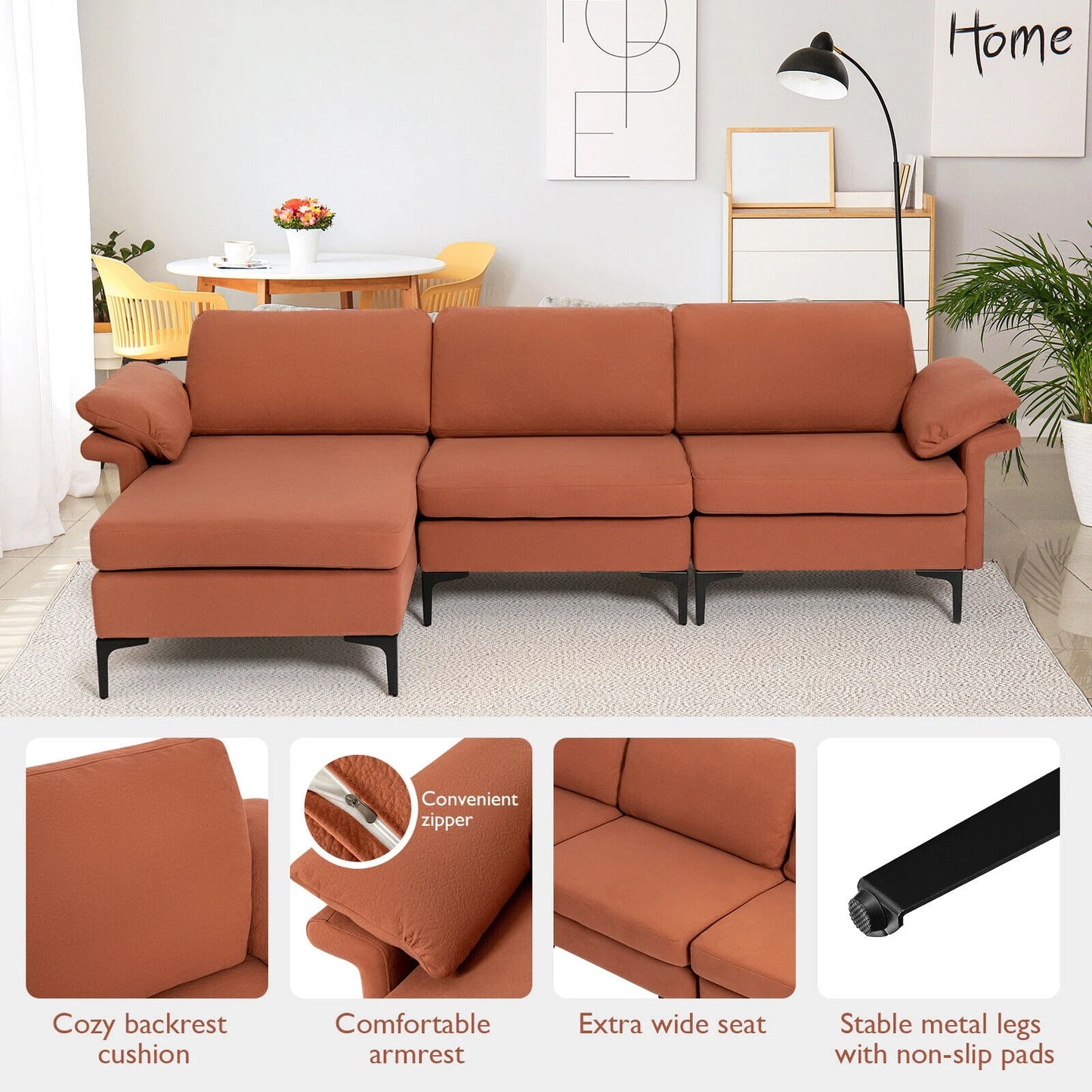 Modular L-Shaped Sectional Sofa with Reversible Chaise and Built-in Charging Port – Rust Red
