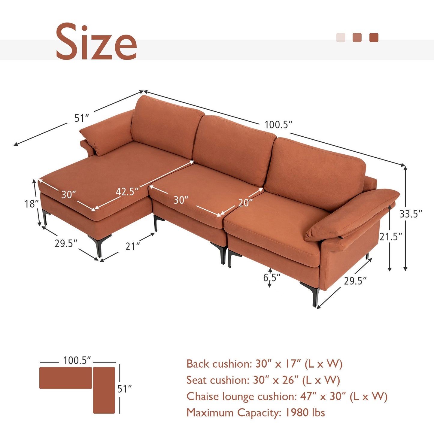 Modular L-Shaped Sectional Sofa with Reversible Chaise and Built-in Charging Port – Rust Red