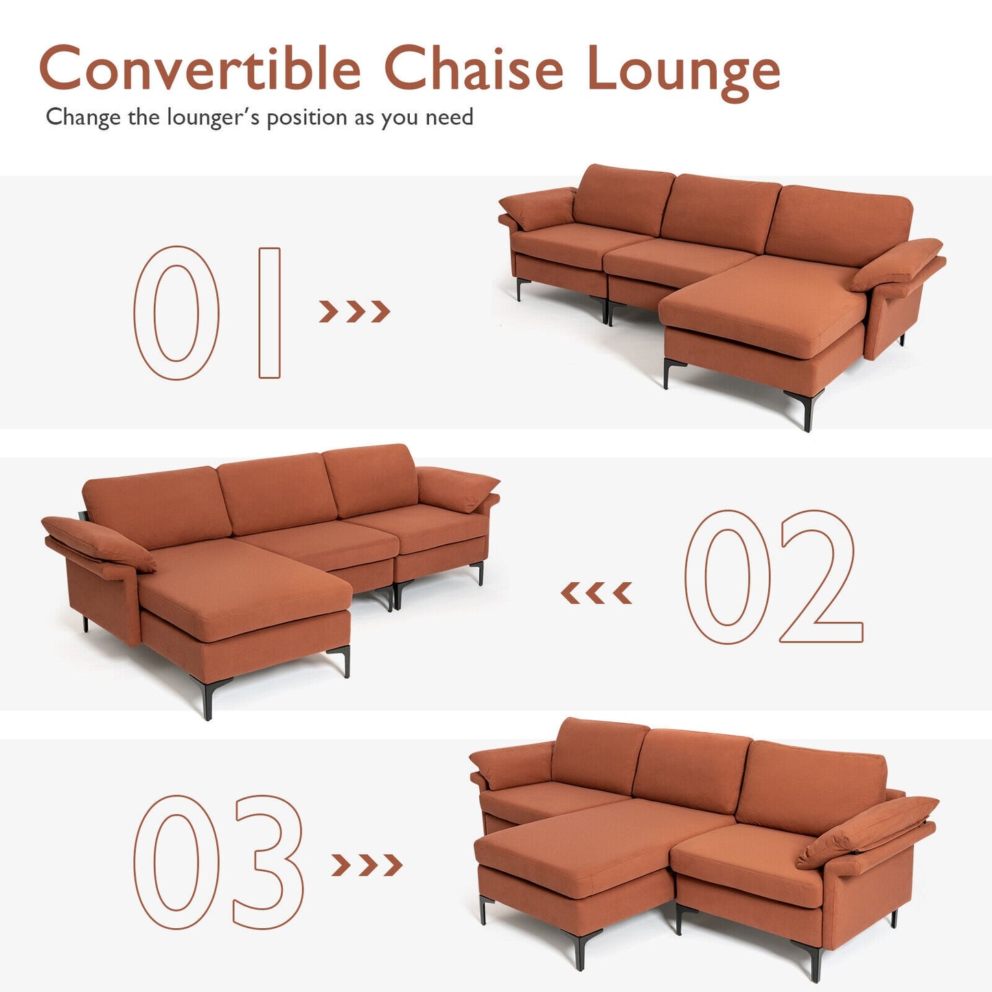Modular L-Shaped Sectional Sofa with Reversible Chaise and Built-in Charging Port – Rust Red