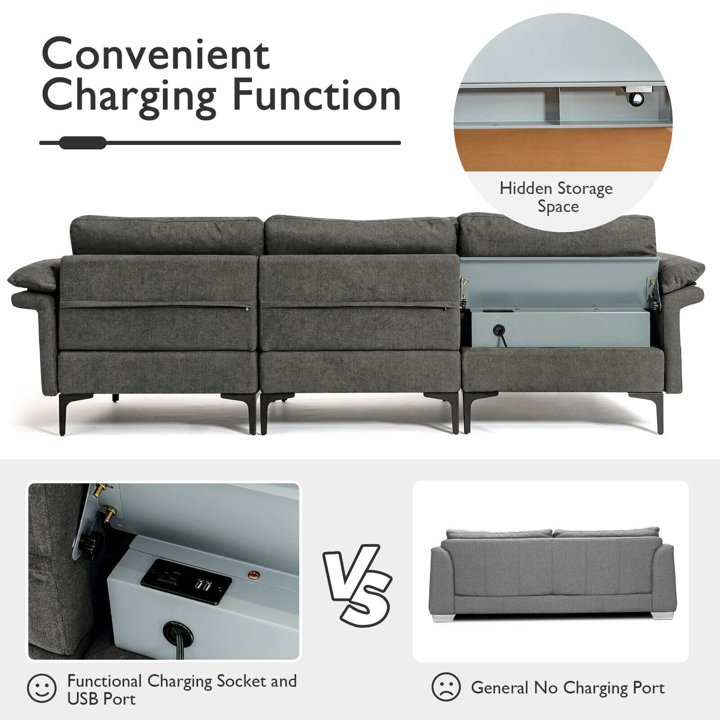 Modular L-Shaped Sectional Sofa with Reversible Chaise and Built-in Charging Port – Peacock Blue