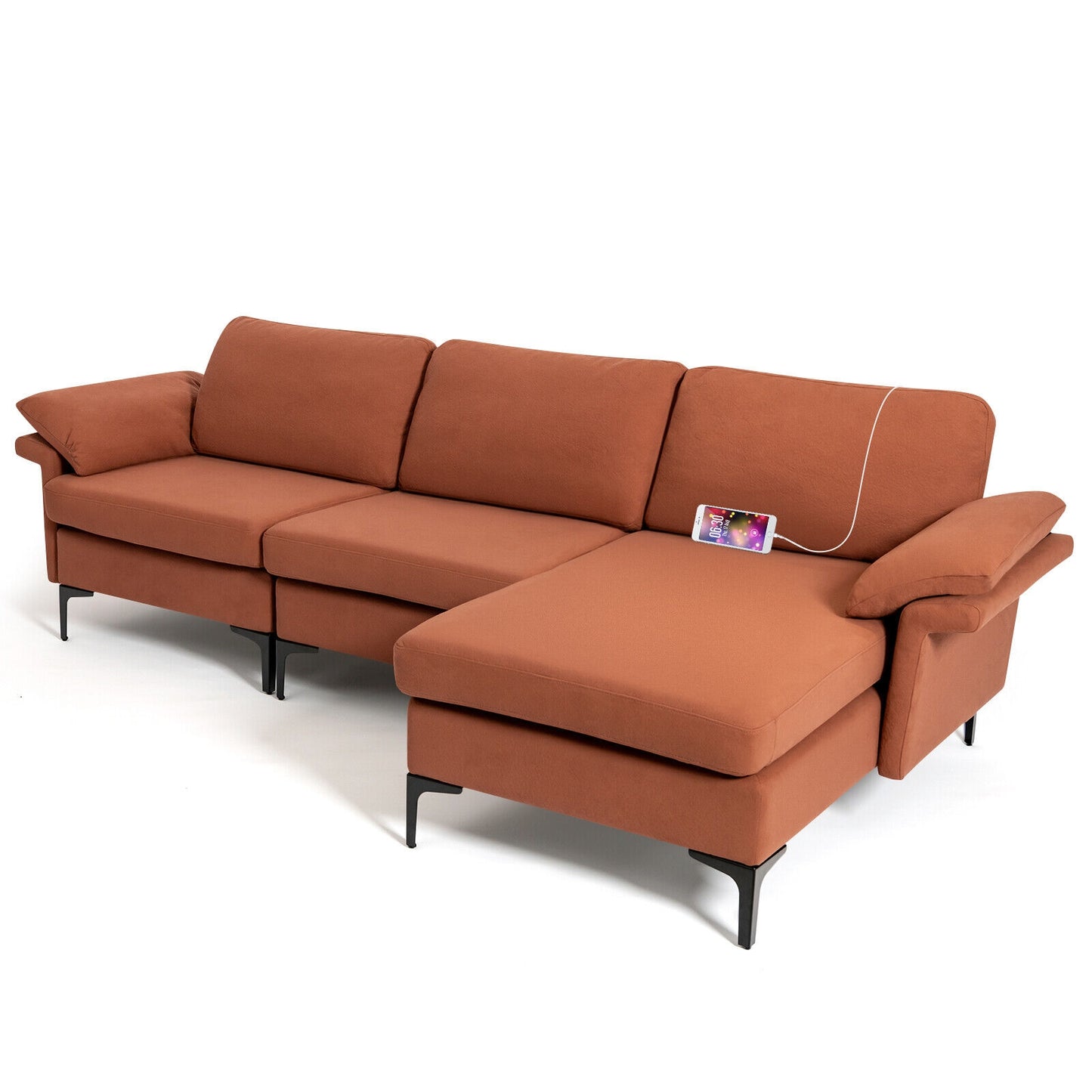 Modular L-Shaped Sectional Sofa with Reversible Chaise and Built-in Charging Port – Rust Red