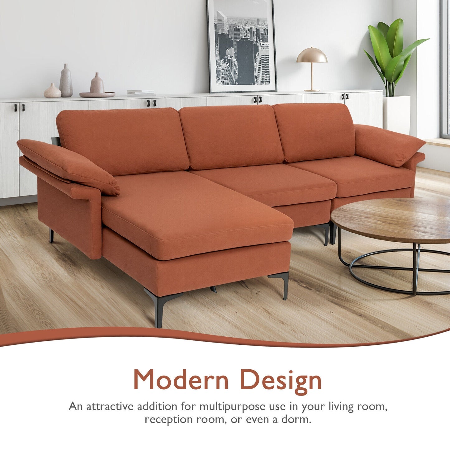 Modular L-Shaped Sectional Sofa with Reversible Chaise and Built-in Charging Port – Rust Red