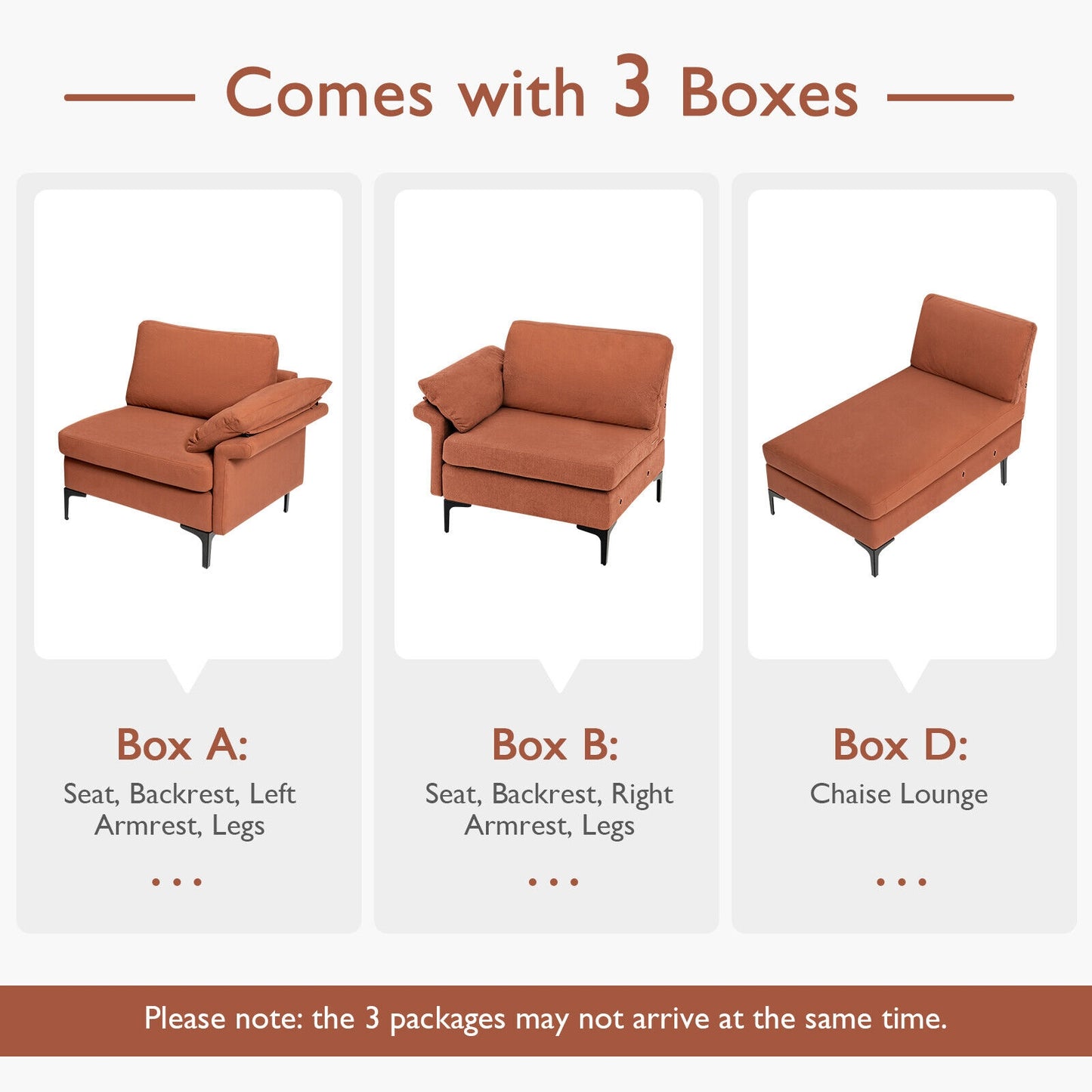 Modular L-Shaped Sectional Sofa with Reversible Chaise and Built-in Charging Port – Rust Red
