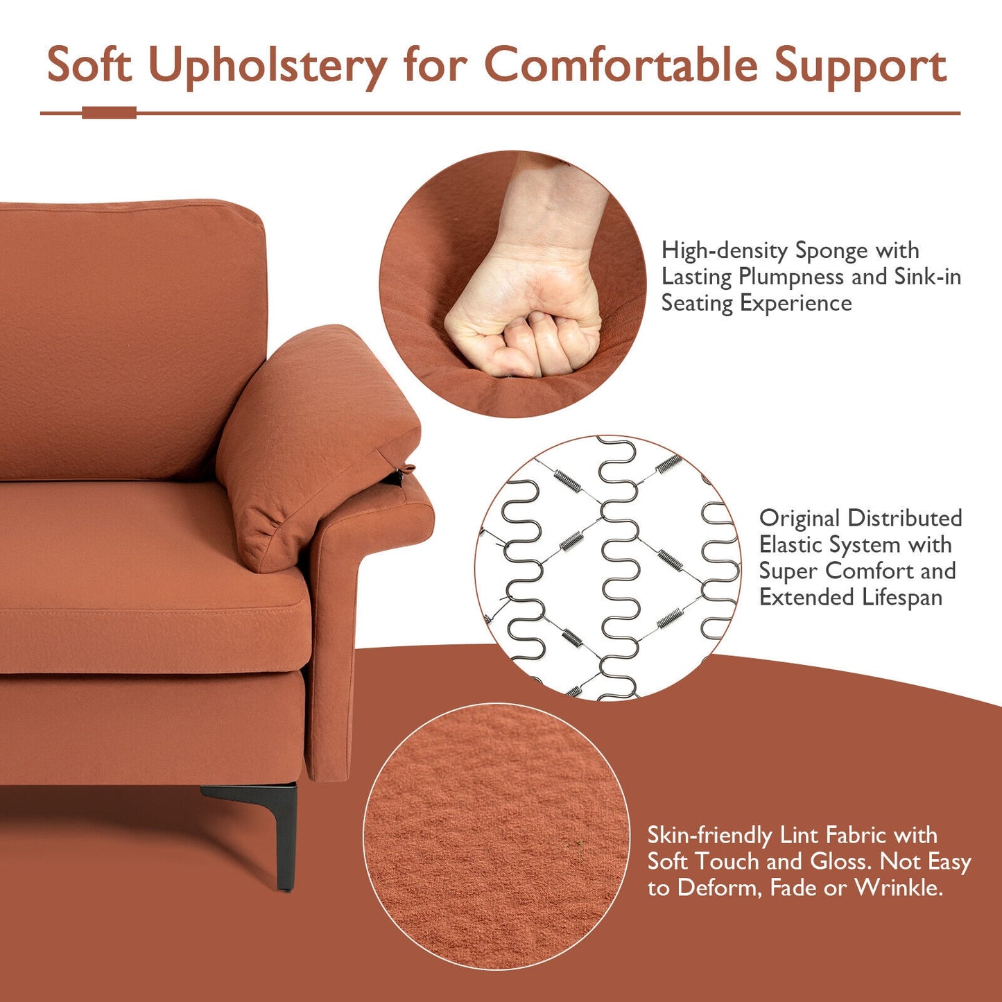Modular L-Shaped Sectional Sofa with Reversible Chaise and Built-in Charging Port – Rust Red