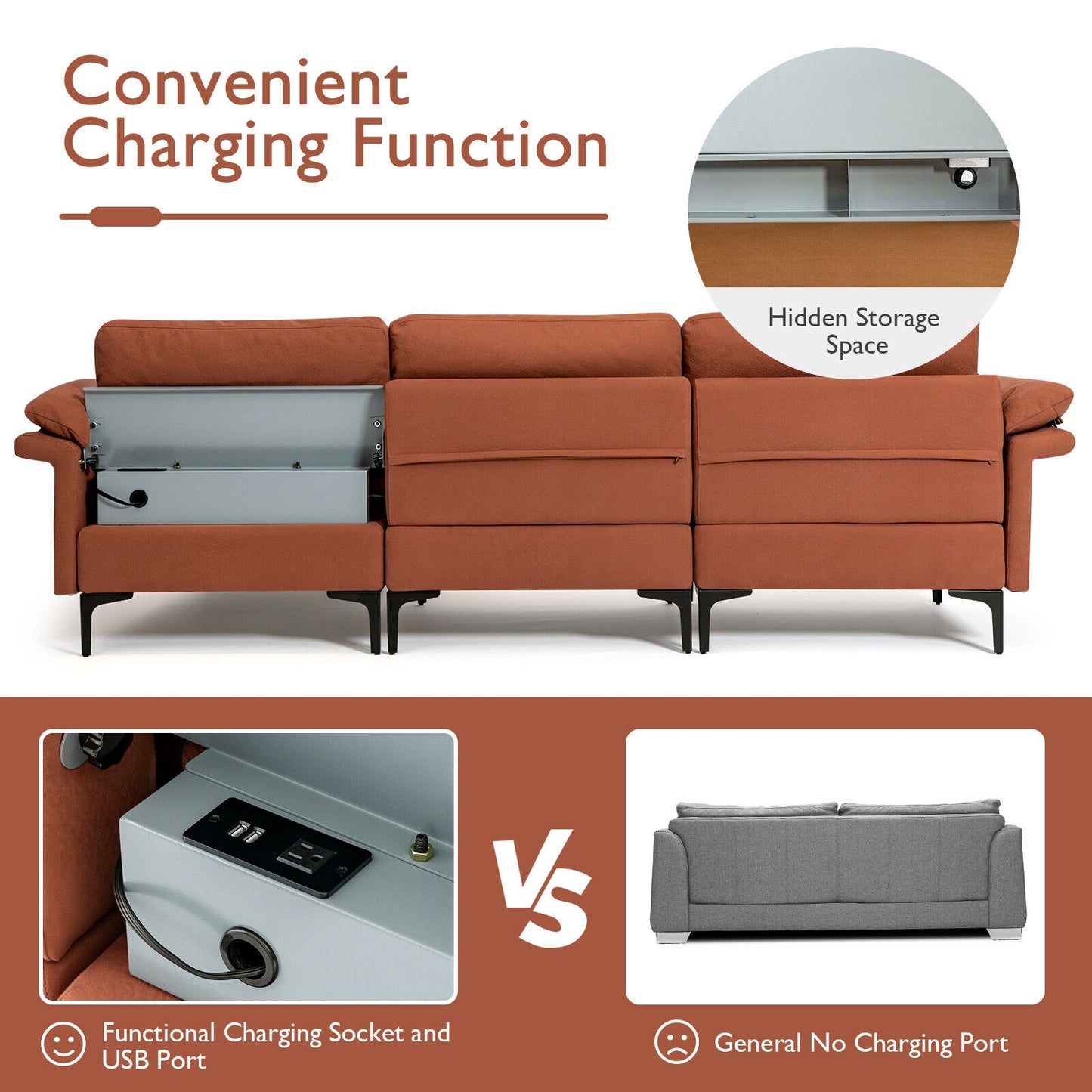 Modular L-Shaped Sectional Sofa with Reversible Chaise and Built-in Charging Port – Rust Red