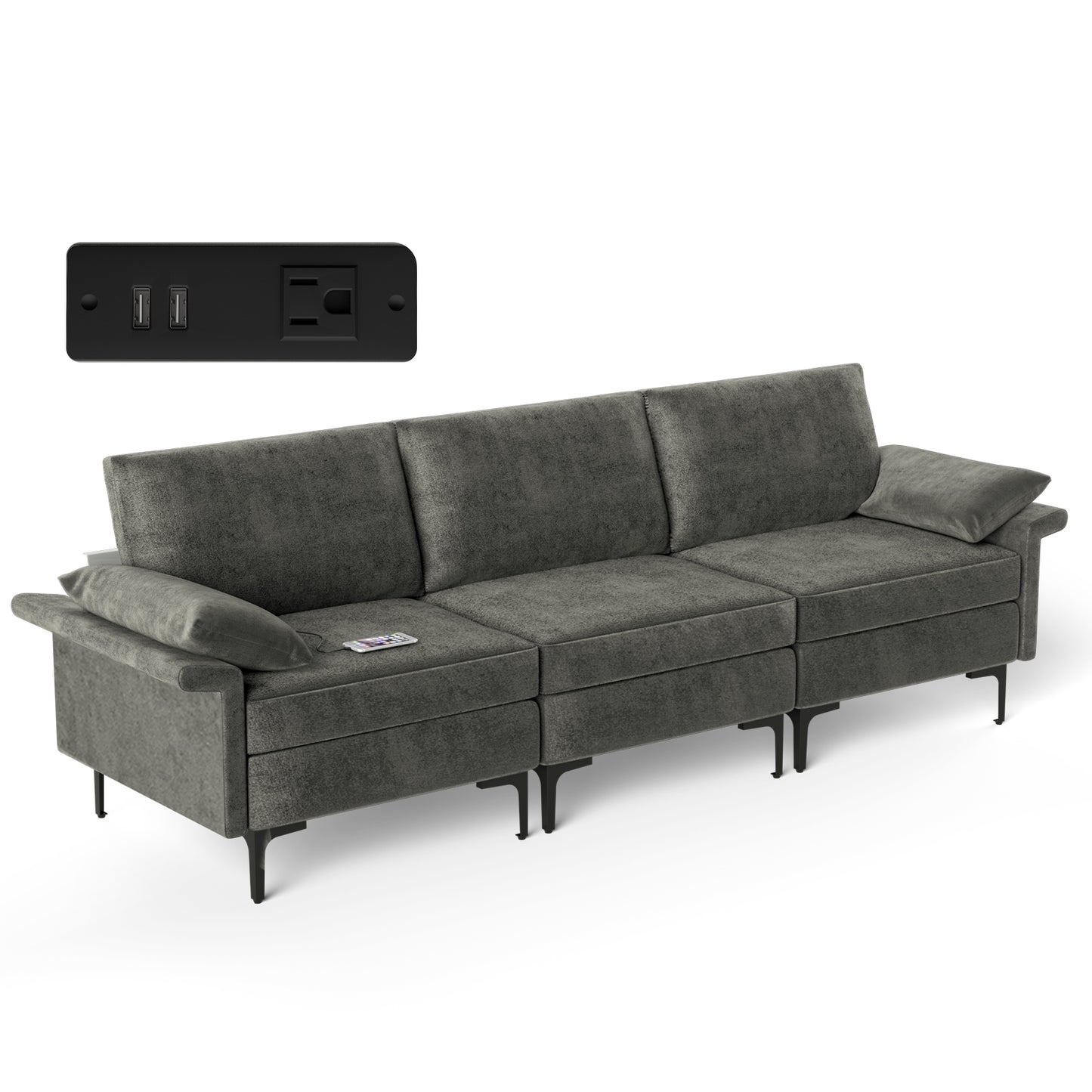 Modern 3-Seat Sofa with Metal Legs, Built-in USB Charging Ports, and Deep Cushions in Grey