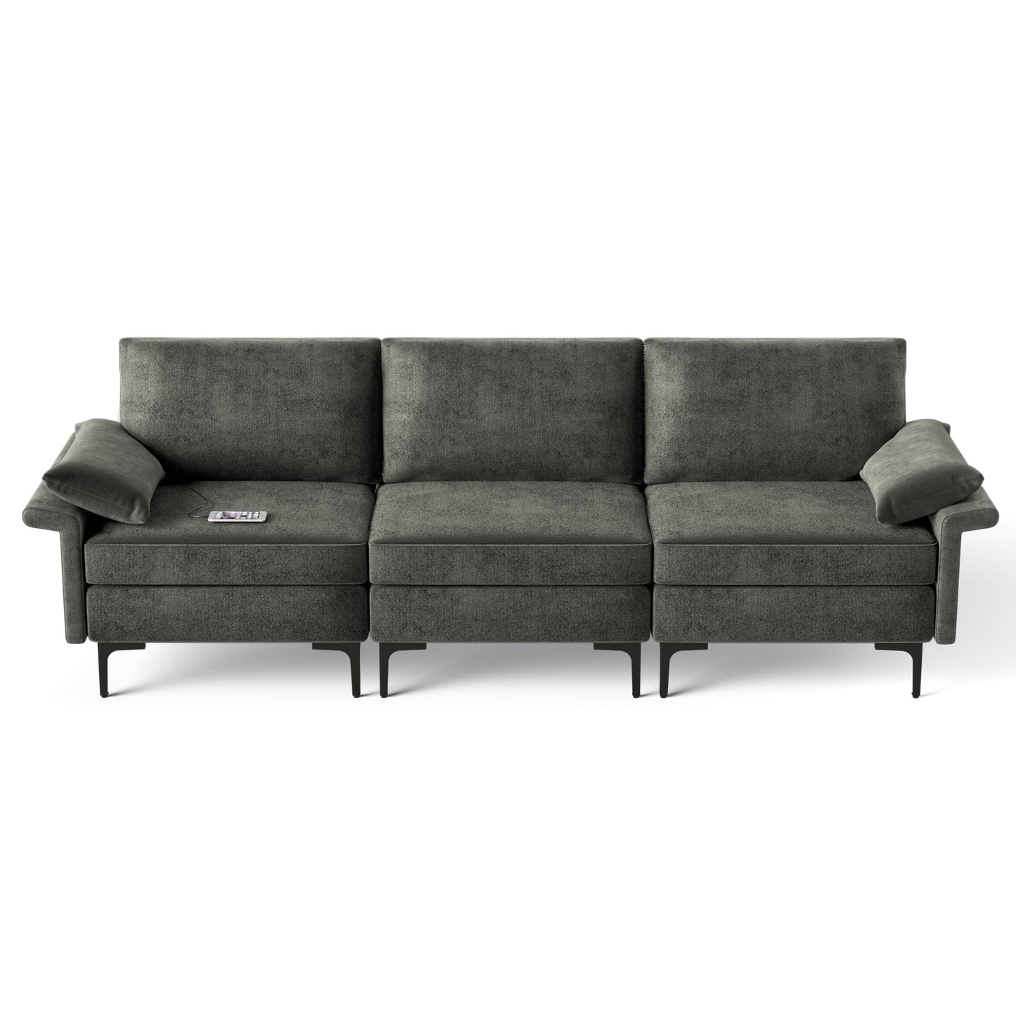 Modern 3-Seat Sofa with Metal Legs, Built-in USB Charging Ports, and Deep Cushions in Grey