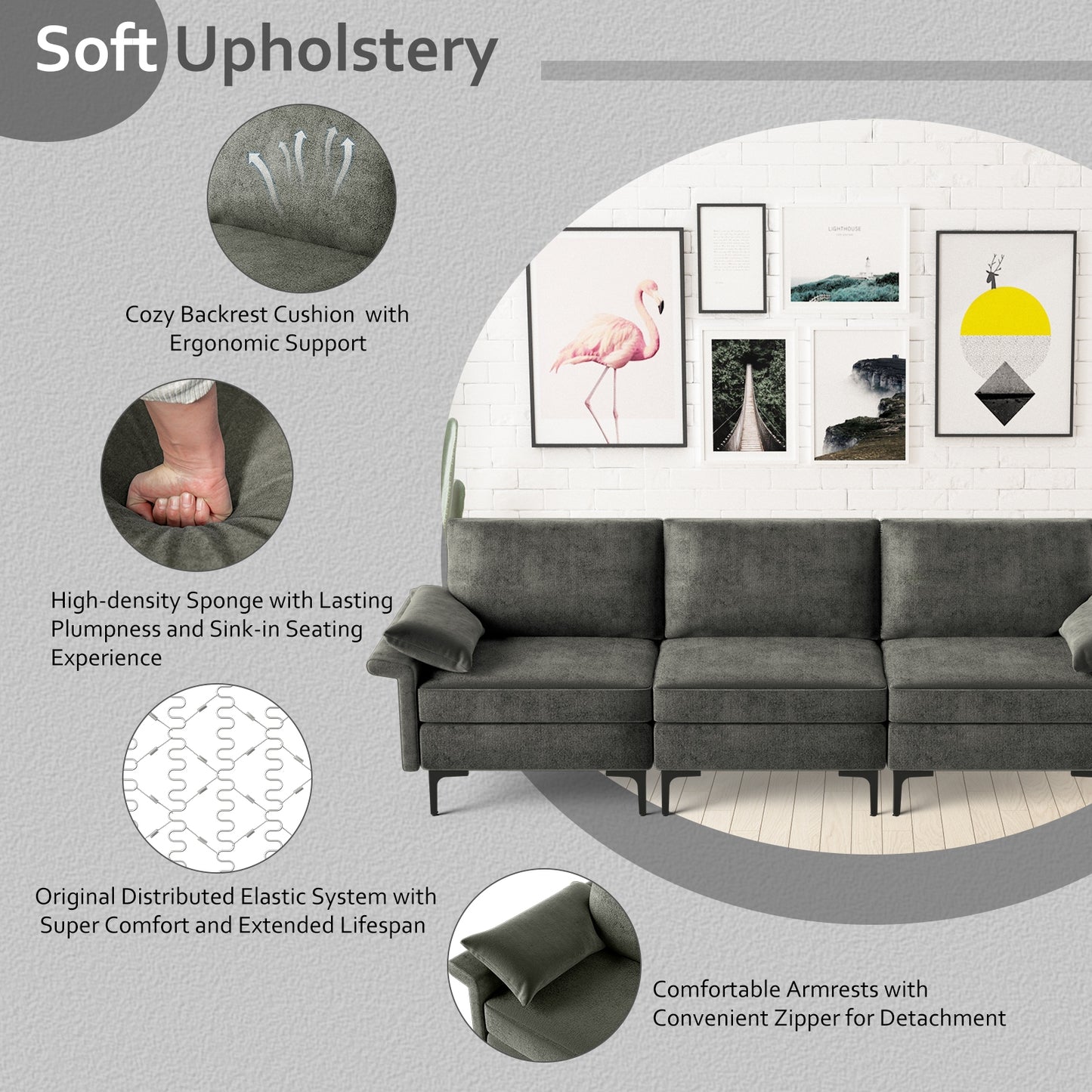 Modern 3-Seat Sofa with Metal Legs, Built-in USB Charging Ports, and Deep Cushions in Grey