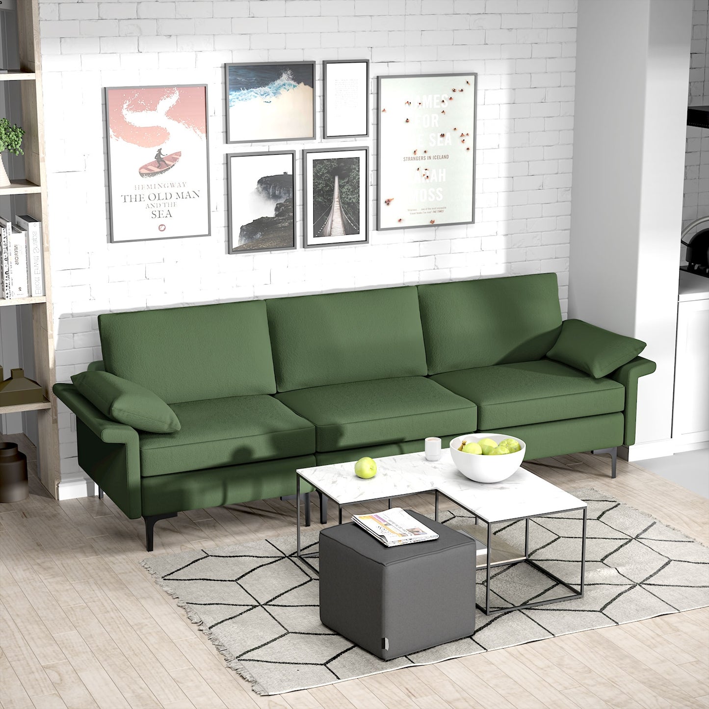 Modern 3-Seat Sofa with Metal Legs, Built-in USB Charging Ports, and Deep Cushions in Army Green