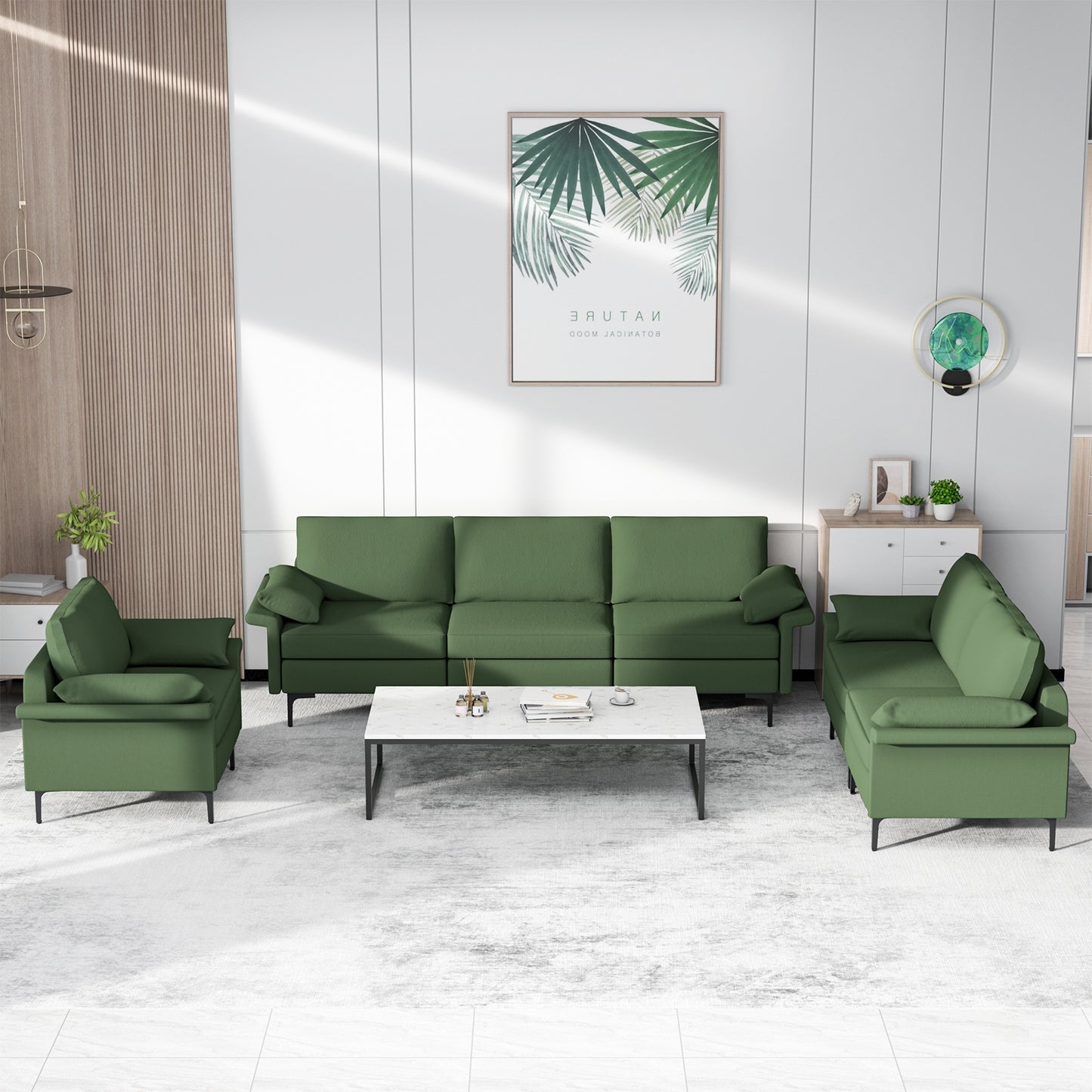 Modern 3-Seat Sofa with Metal Legs, Built-in USB Charging Ports, and Deep Cushions in Army Green