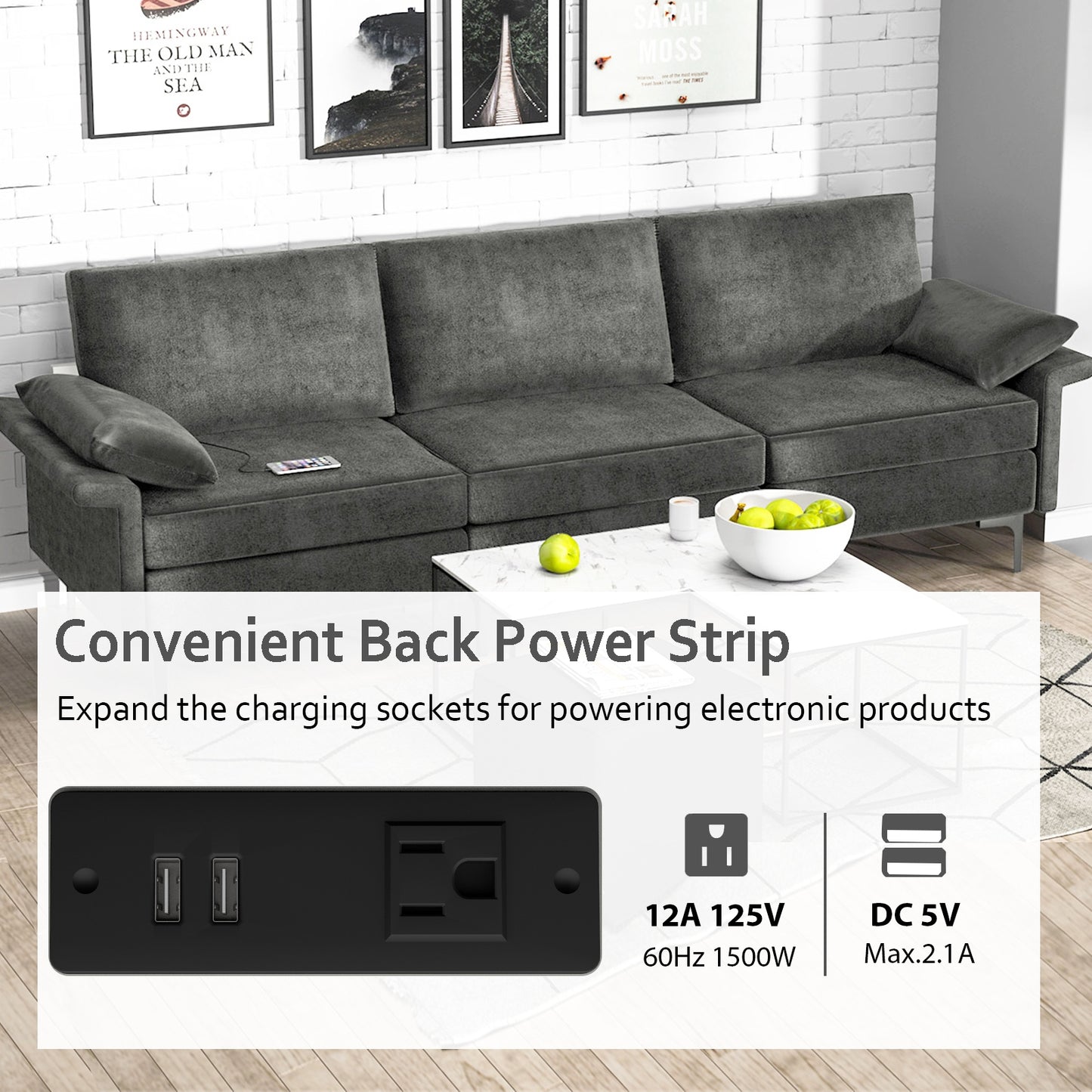 Modern 3-Seat Sofa with Metal Legs, Built-in USB Charging Ports, and Deep Cushions in Grey