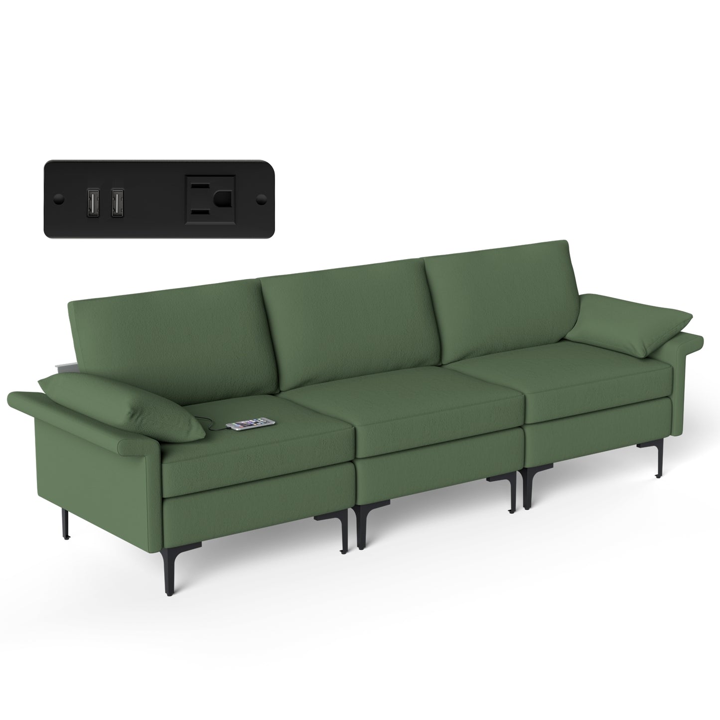 Modern 3-Seat Sofa with Metal Legs, Built-in USB Charging Ports, and Deep Cushions in Army Green