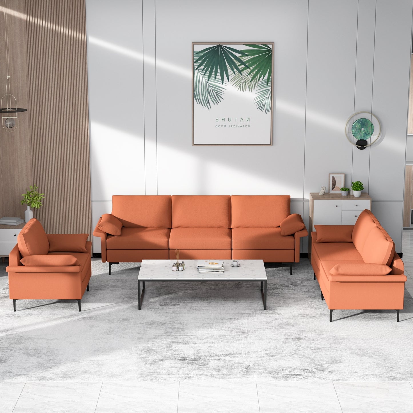 Modern 3-Seat Sofa with Metal Legs, Built-in USB Charging Ports, and Deep Cushions in Rust Red
