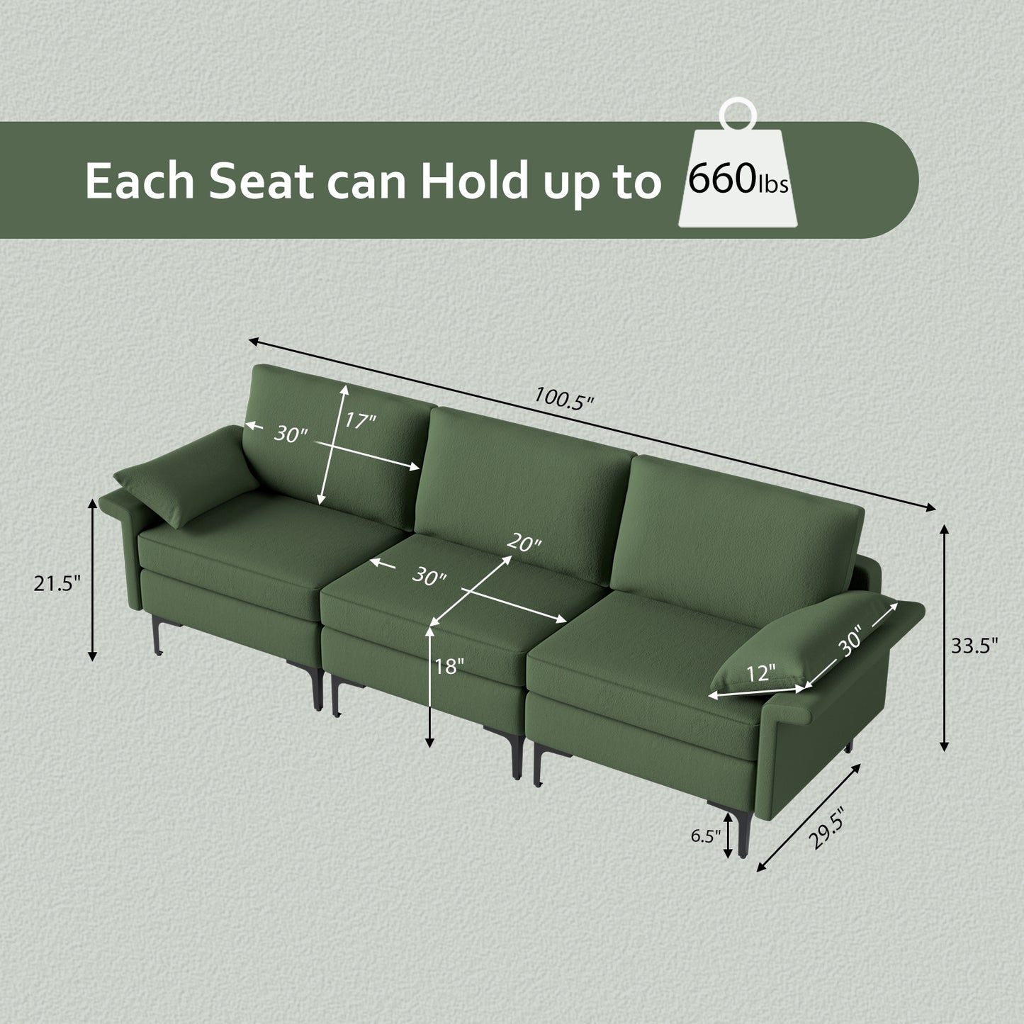 Modern 3-Seat Sofa with Metal Legs, Built-in USB Charging Ports, and Deep Cushions in Army Green